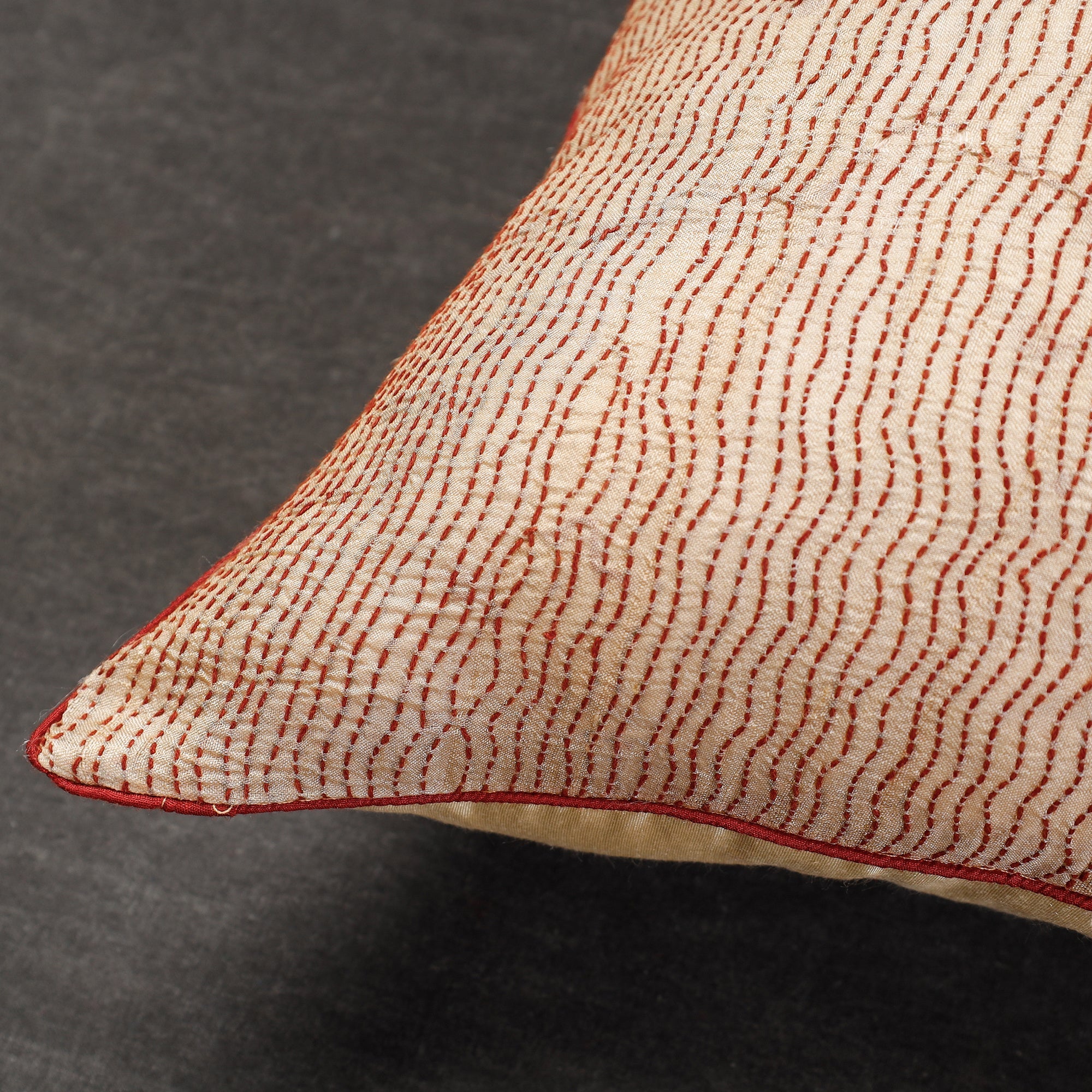 NOORI BAZAR Beige - Bengal Kantha Embroidery Tussar Silk Cushion Cover (16 x 16 in) - view 2
