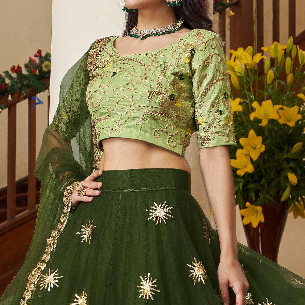 Peachmode Mehendi Green Sequins Embroidered Netted Lehenga Choli - view 2
