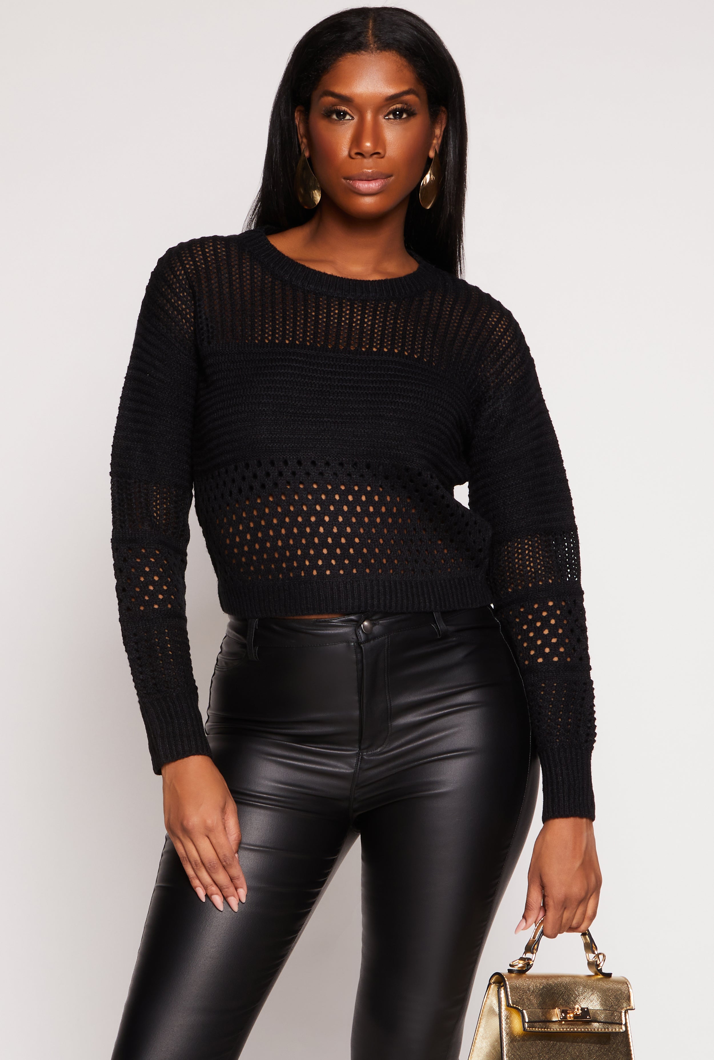 Rainbow Shops Crochet Crew Neck Sweater – Women's