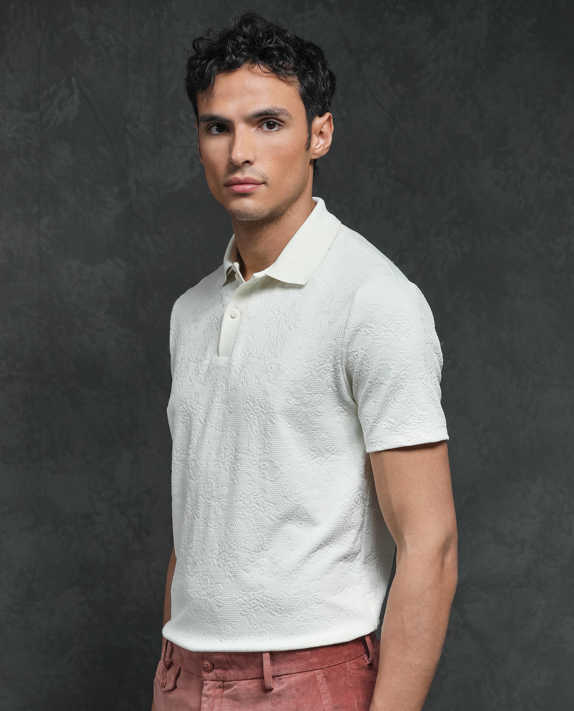 Rare Rabbit Men's Criuse Off-White Polyester Fabric Collared Neck Half Sleeve Floral Jacquard Polo T-Shirt - view 3