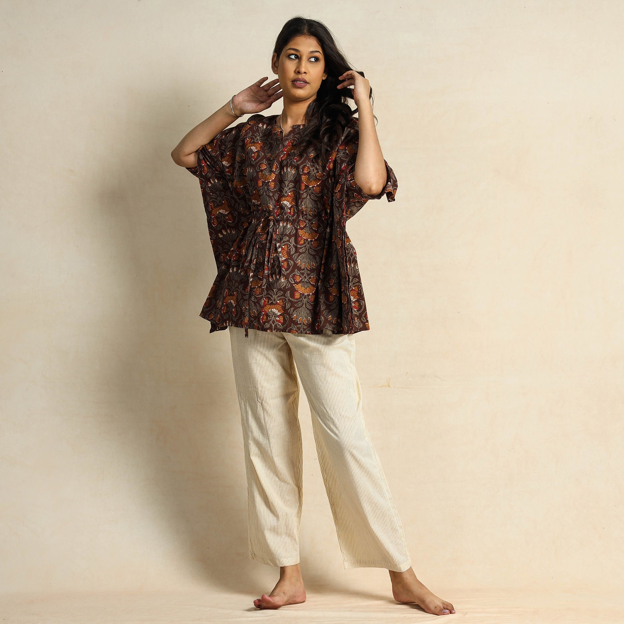 CHUTNEY CRAFT STUDIO Brown - Hand Block Printed Cotton Kaftan & Pyjama Night Suit Set
