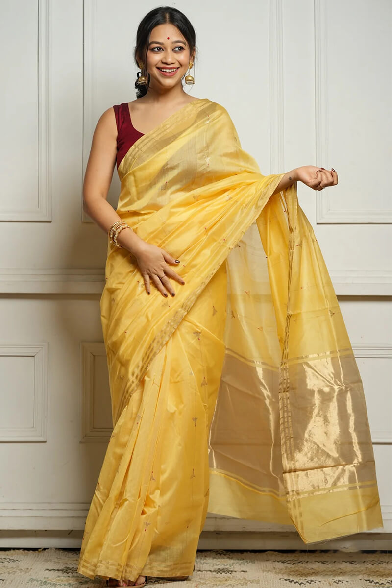 Aayna Ravishing Yellow Cotton Silk Saree With Marvellous Blouse Piece