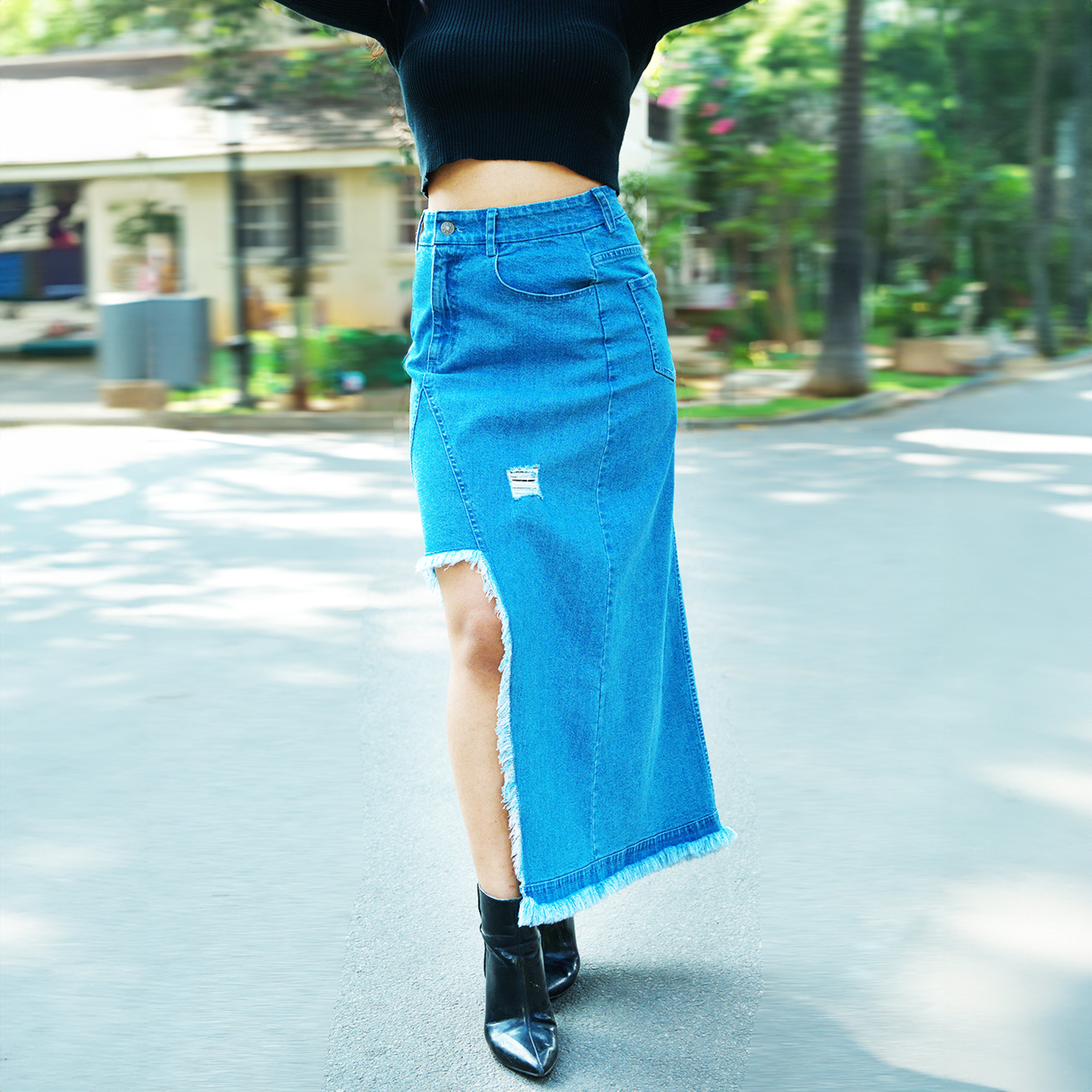 IZF Mid-Blue Cut-out Denim Midi Skirt - view 2