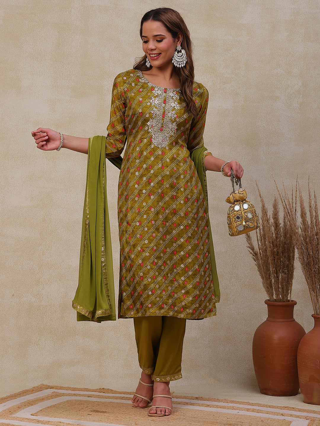 Fashor Bandhani Printed Gotapatti Embroidered Jacquard Kurta with Pants & Dupatta - Olive Green
