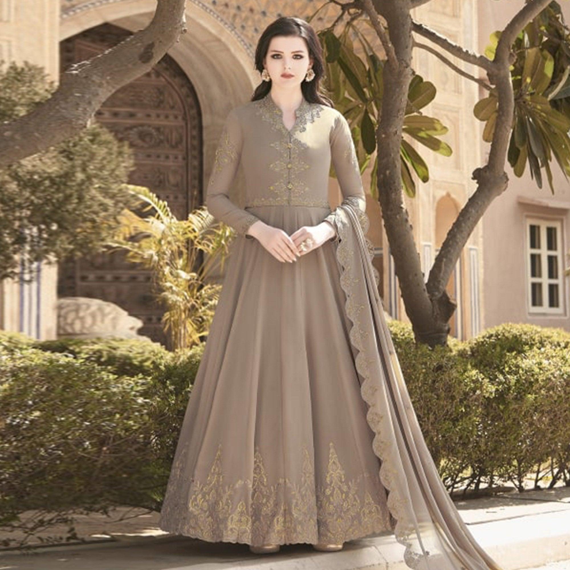 Peachmode Brown Partywear Embroidered Soft Georgette Suit