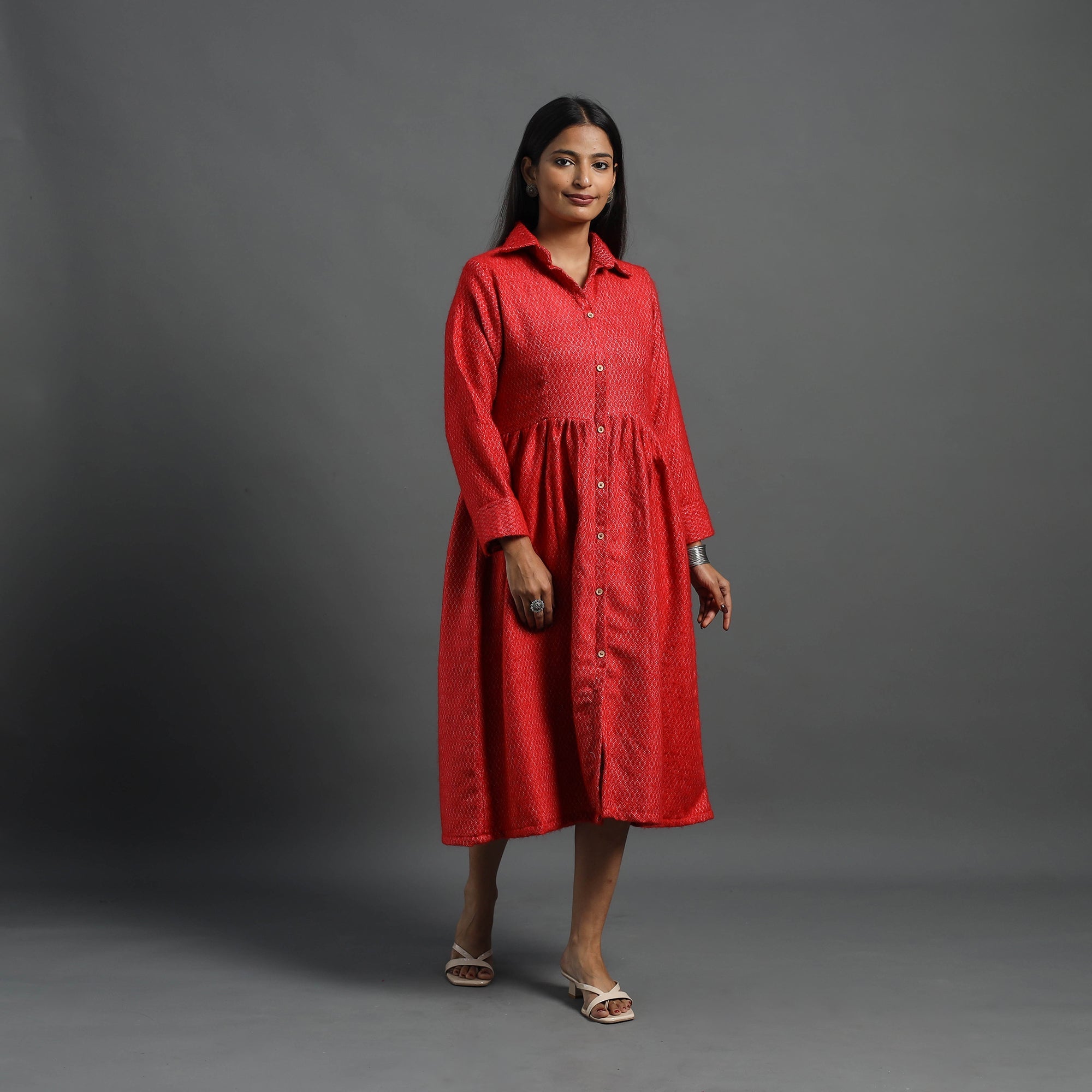 ITOKRI CASUALS Aaisha Red Plain Button Down Woollen Dress 08 - view 3