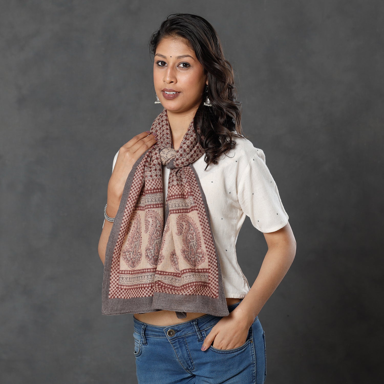 BAGH PRINTS BY MOHAMMED BILAL KHATRI Brown - Bagh Block Printed Natural Dyed Woolen Muffler (61 in) - view 2