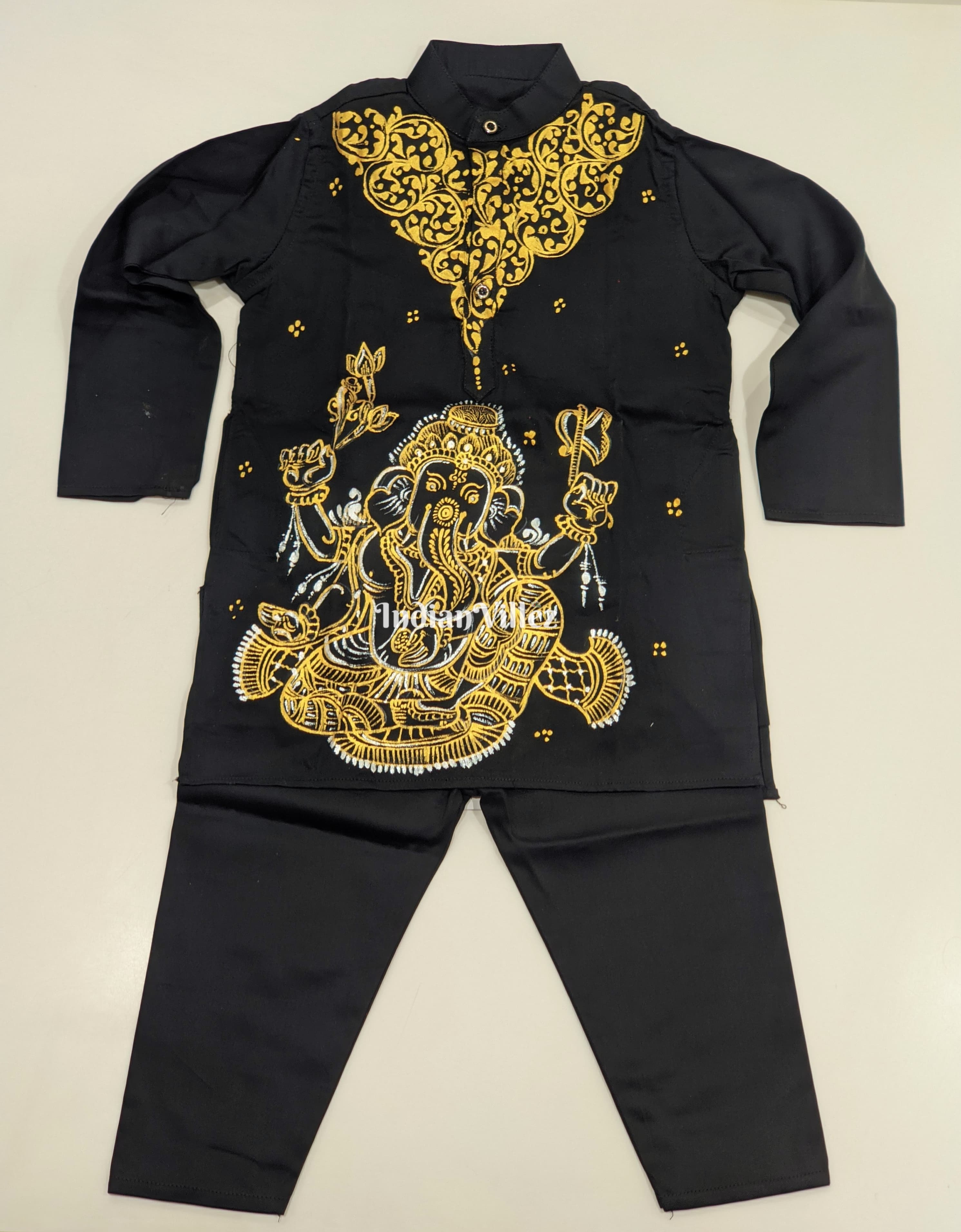 IndianVillèz Black Boys Ganesh Theme Pattachitra Kids Kurta & Pyjama Set