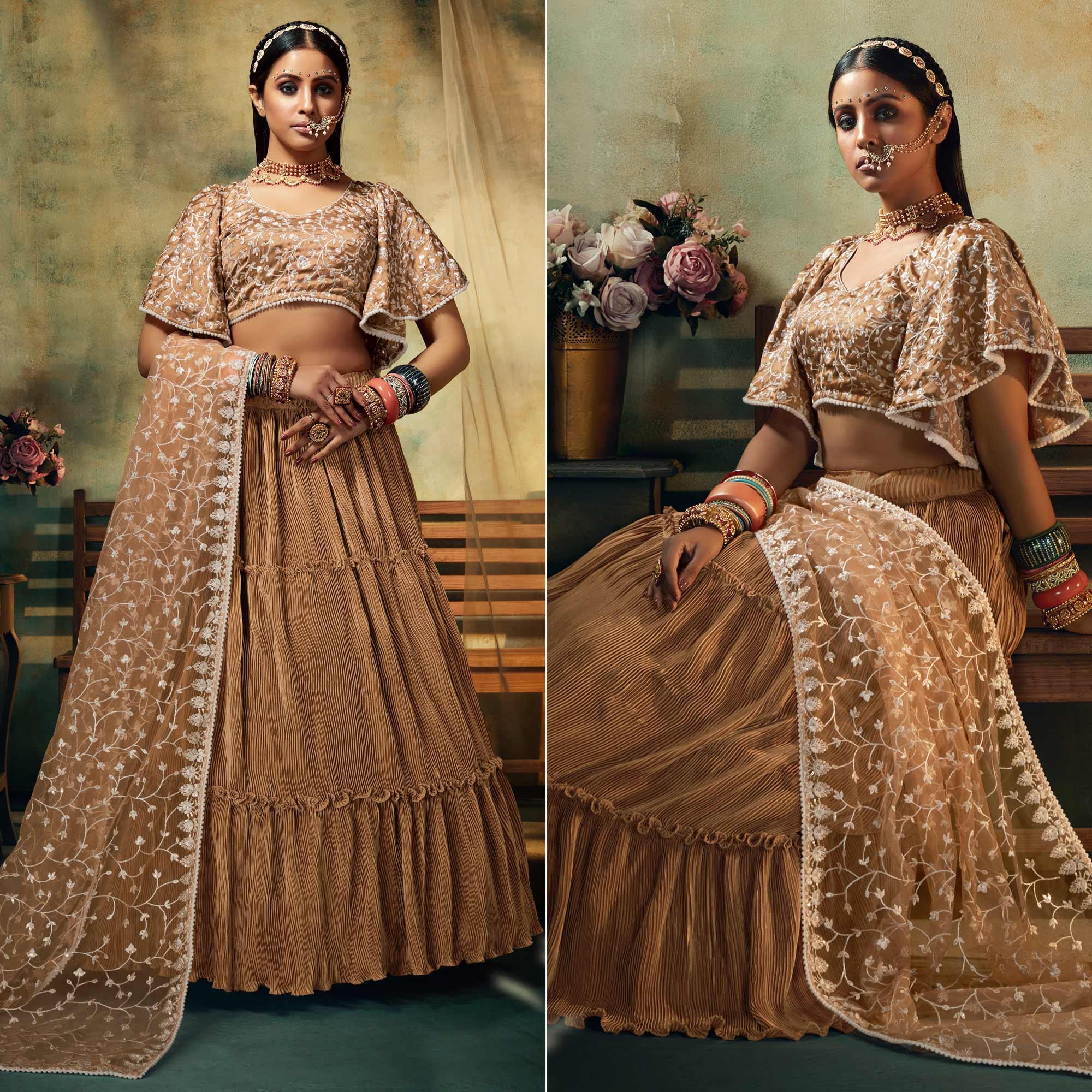 Peachmode Brown Solid Satin Lehenga Choli – Women's