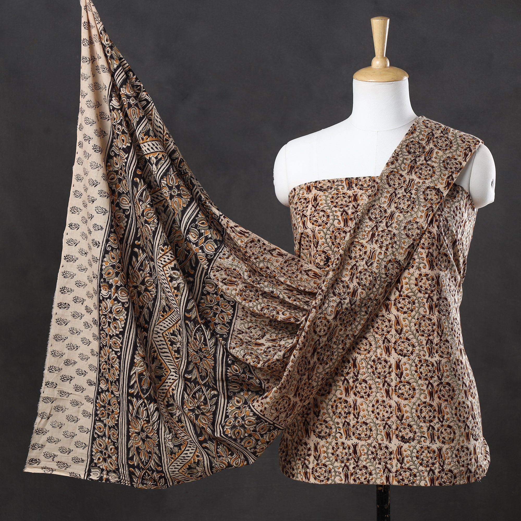 VENKATA BHANU KALAMKARI PEDANA Brown - 2pc Pedana Kalamkari Block Printed Cotton Suit Material Set 04