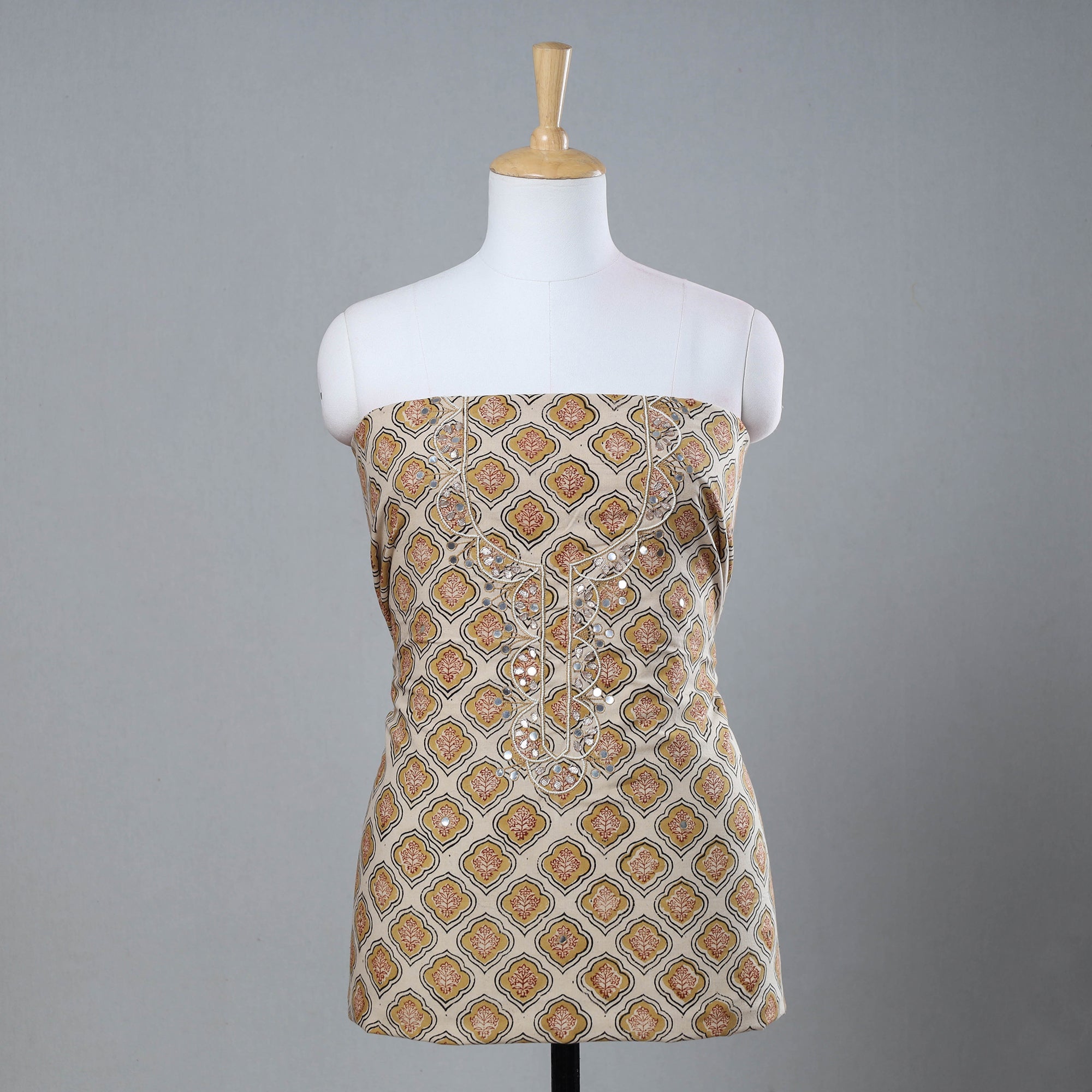 NOORI BAZAR Beige - Bead Work Embroidery Kalamkari Block Printed Cotton Kurta Material - 2.6 meter
