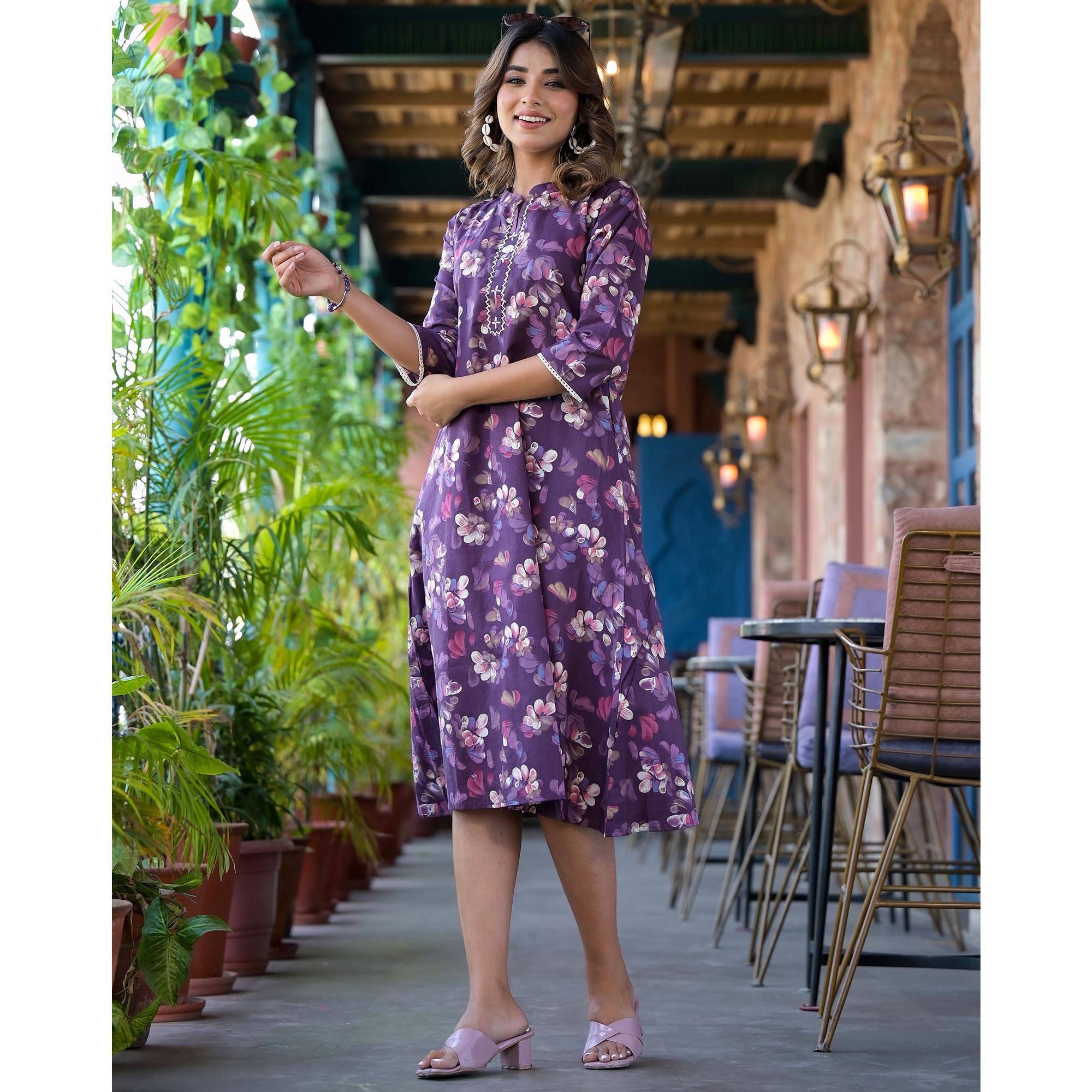 Peachmode Dark Purple Floral Foil Printed Giza Cotton A-Line Dress - view 4