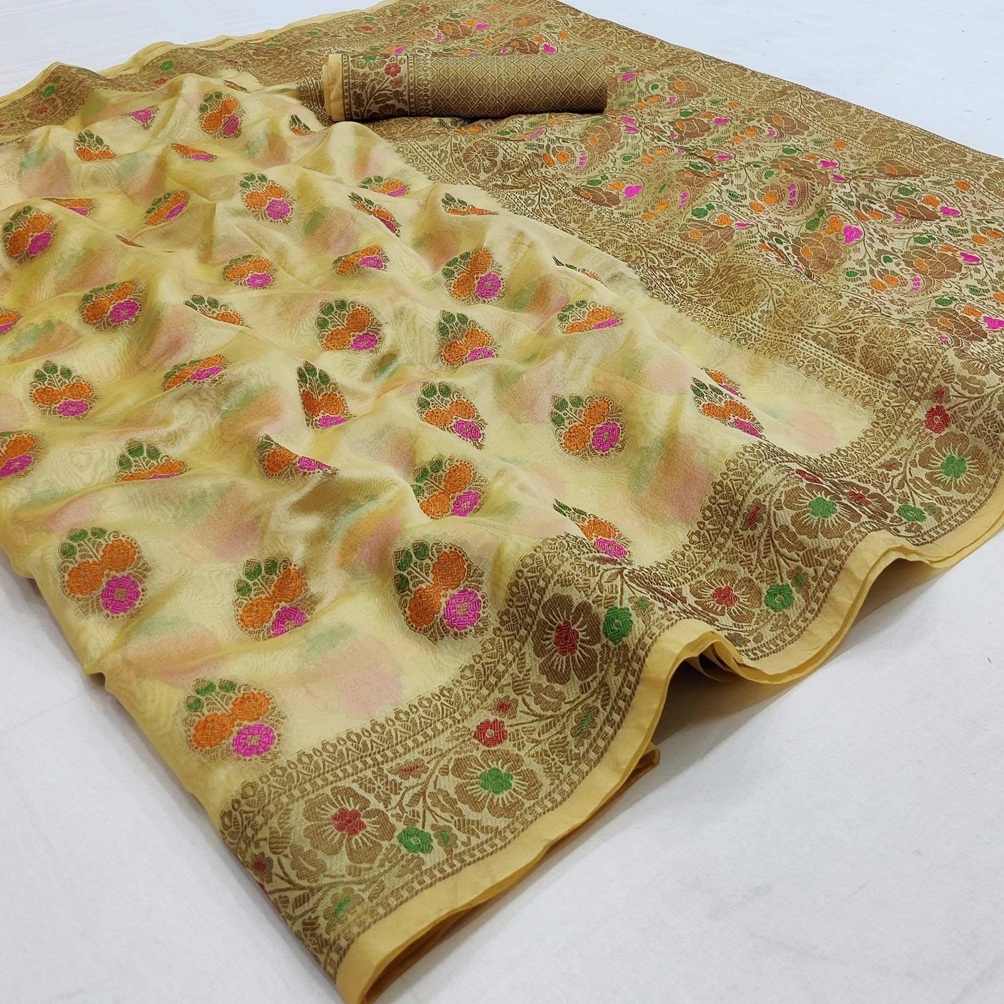 Peachmode Cream Festive Wear Woven Organza Saree