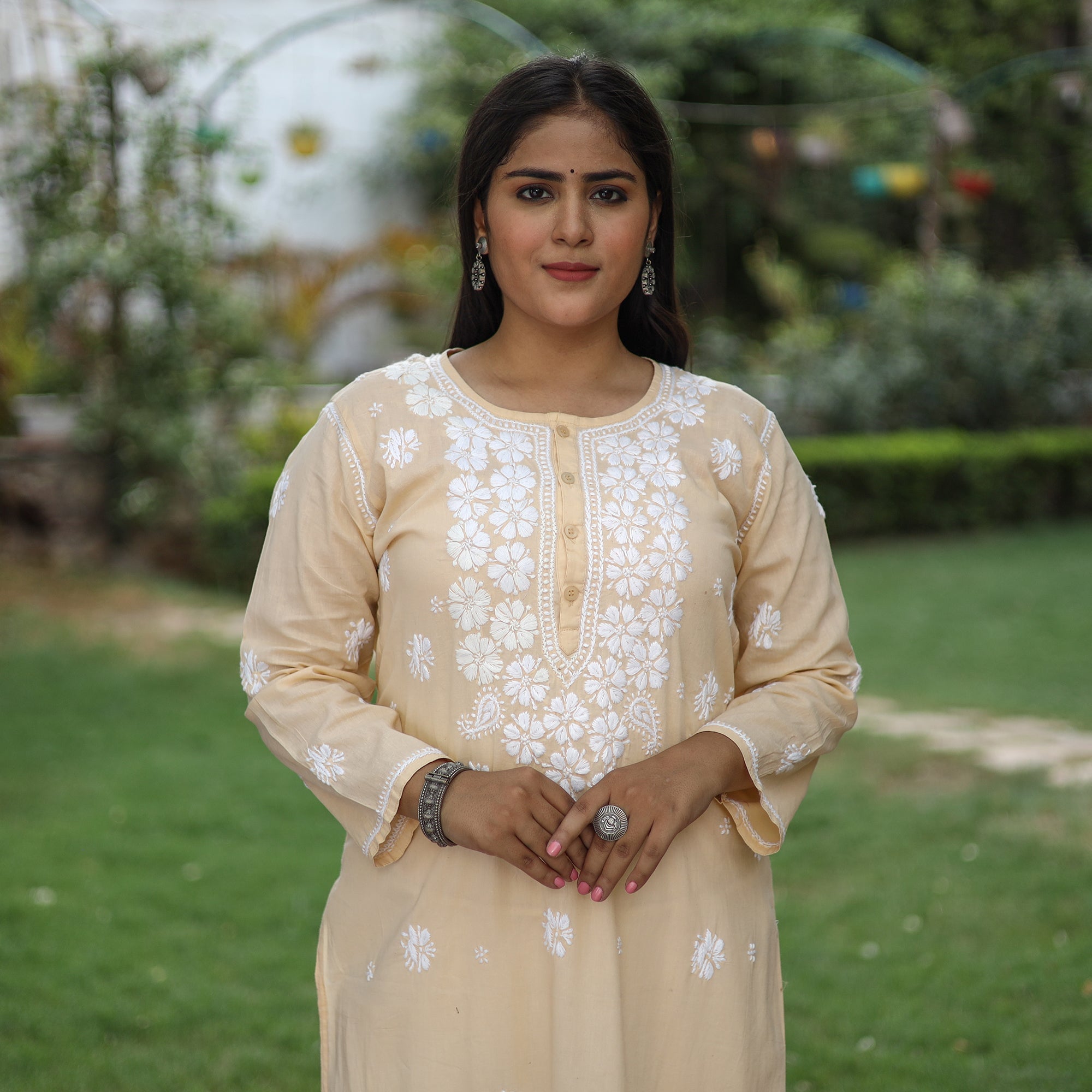 MEHARKI CHIKAN Beige Chikankari Hand Embroidered Cotton Long Kurta