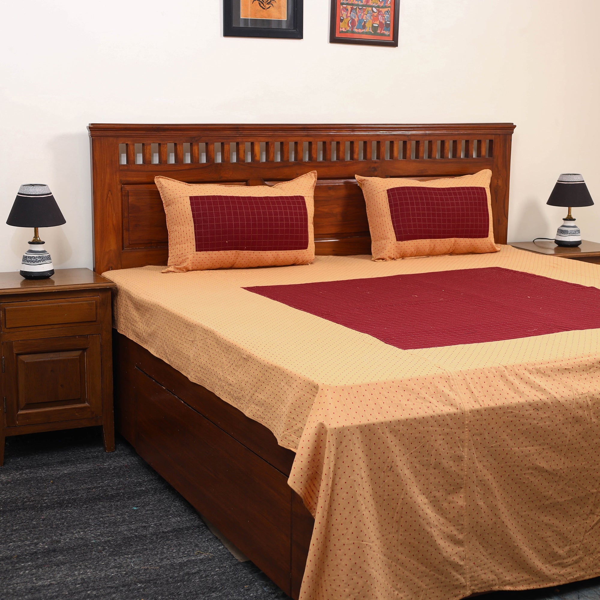 SOUTH KARGHA Beige - Jacquard Patchwork Cotton Double Bed Cover with Pillow Covers (108 x 83 in) 34