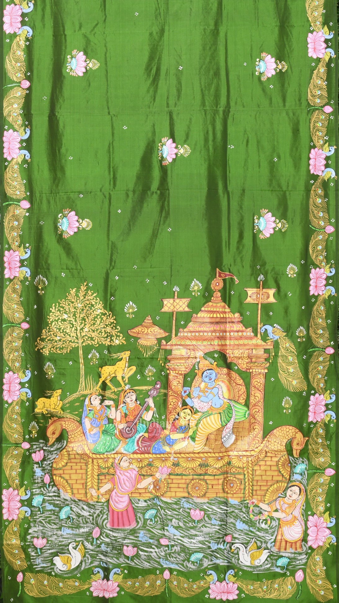 IndianVillèz Green Boita Raasleela Hand-Painted Pattachitra Silk Saree