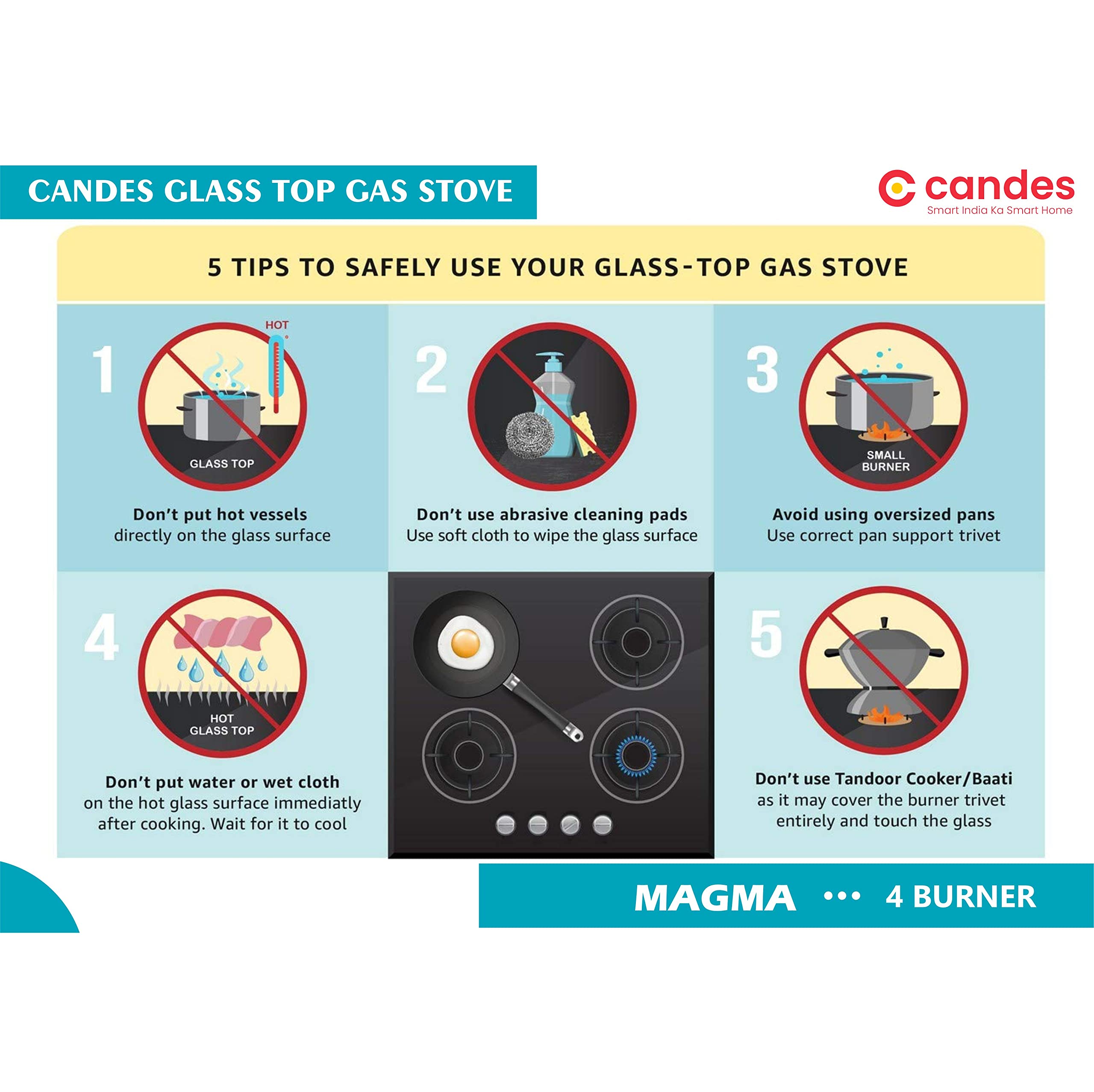Candes Magma Glass Top Gas Stove, Manual Ignition, Black (ISI Certified, With 18 Months Warranty (4 Burner) - view 5
