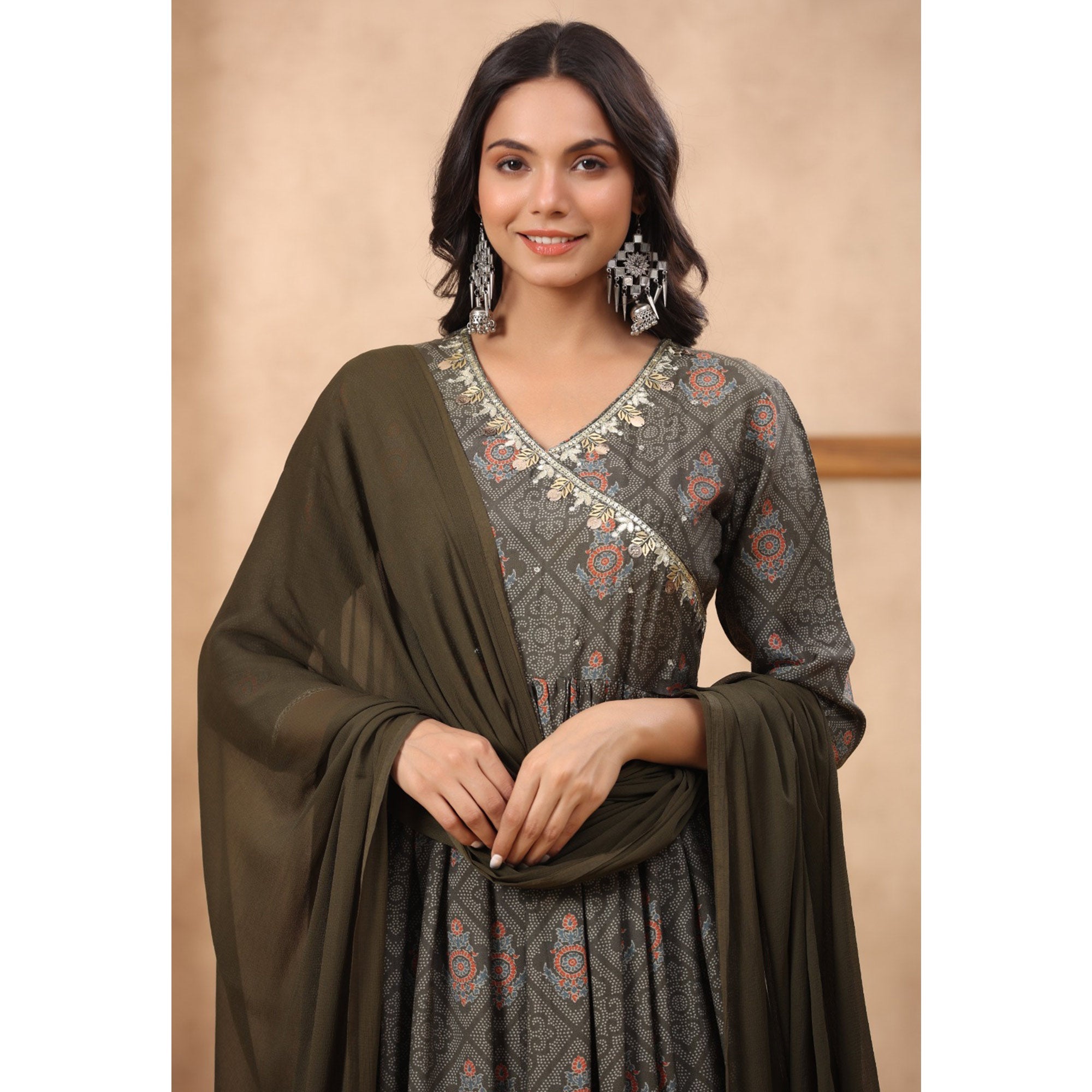 BlackTree grey-printed-with-sequins-work-muslin-anarkali-suit - view 8