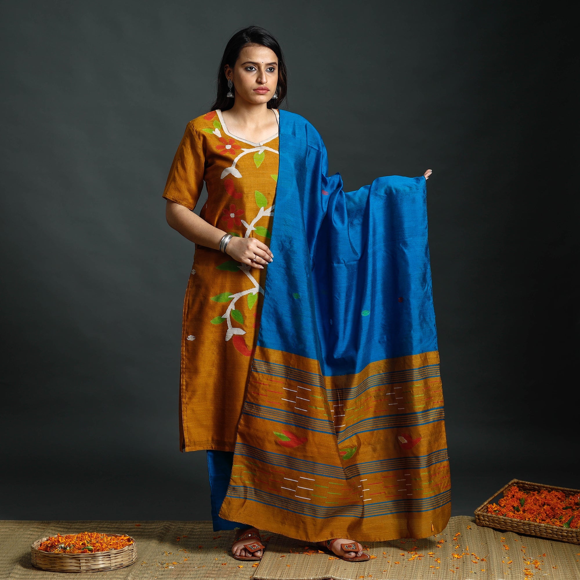 ITOKRI CASUALS Mustard & Blue - Phulia Jamdani Handloom Silk Cotton Kurta with Palazzo & Dupatta Set - view 2