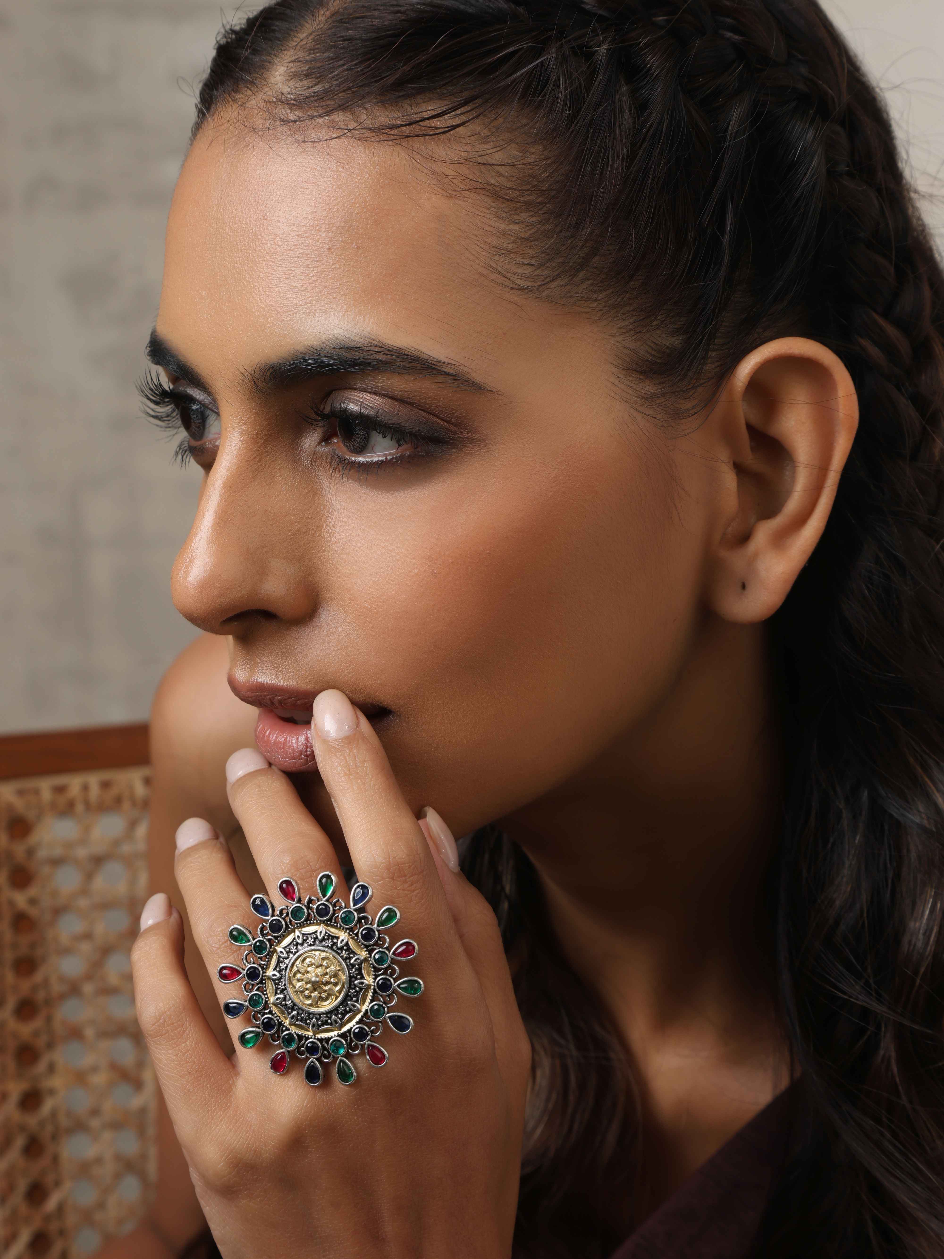 trueBrowns Silver Gold Tone Mandala Ring - view 3