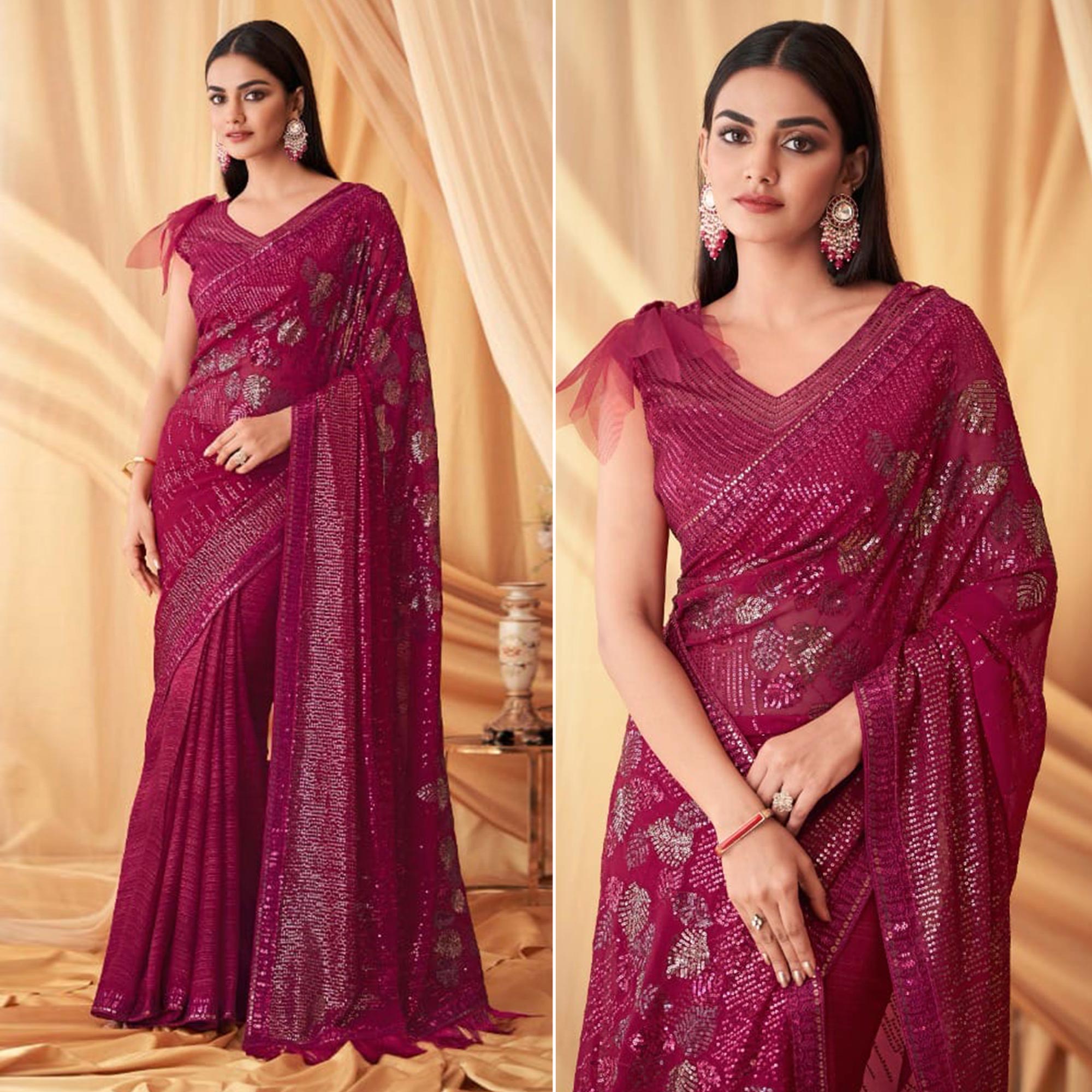 Peachmode Magenta Sequins Embroidered Georgette Saree With Tassels