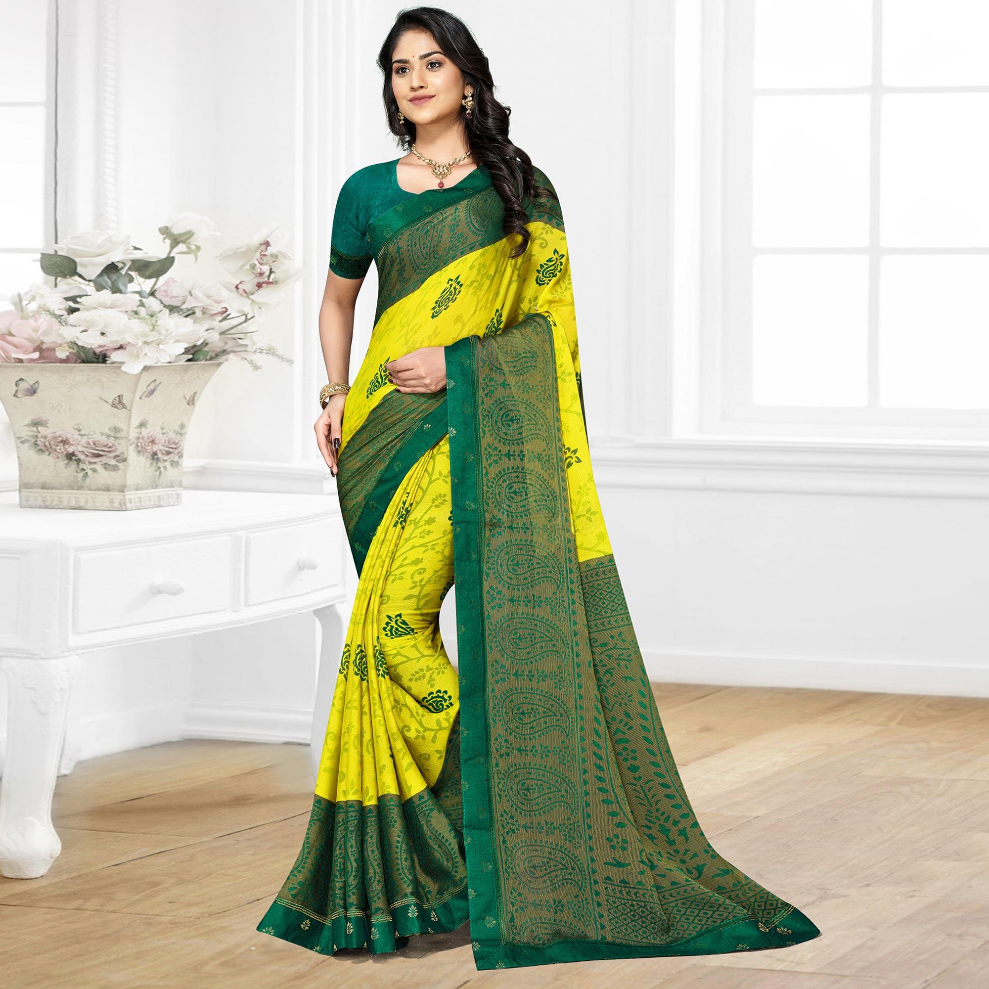 Peachmode Lemon Yellow Casual Wear Printed Brasso Chiffon Saree