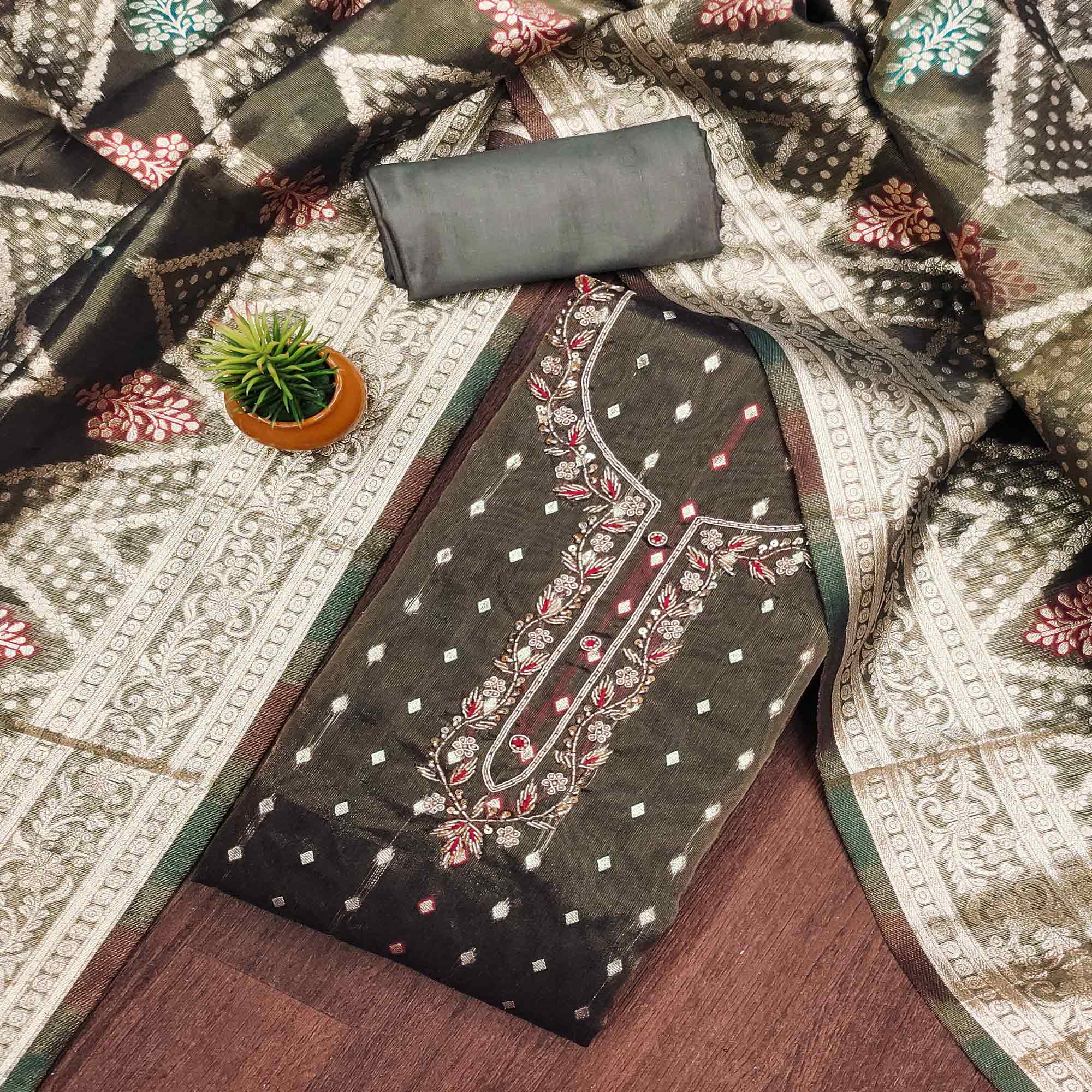 Peachmode Mehandi Green Woven Jacquard Dress Material
