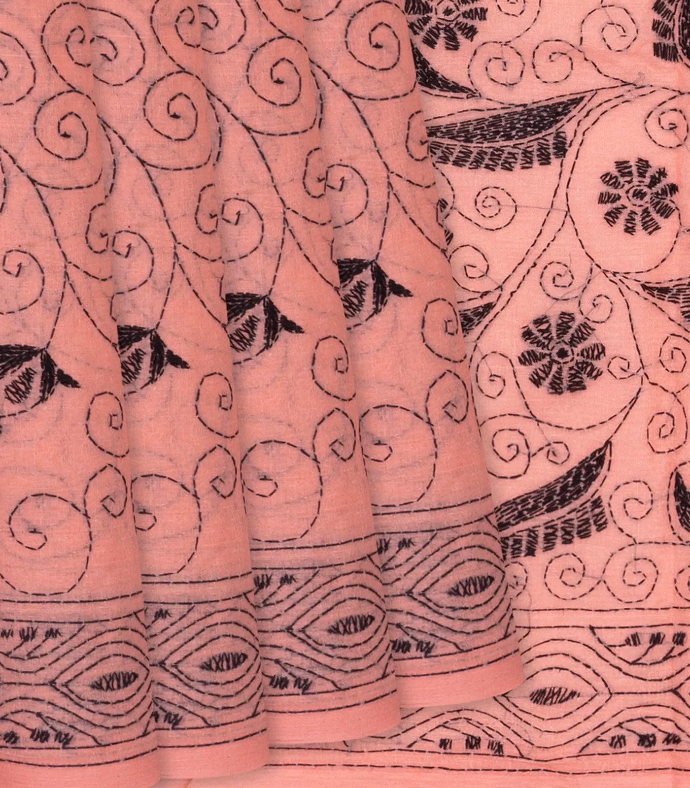 RmKV Peach Handloom Bengal Cotton Saree With Spiral Motifs-Peach