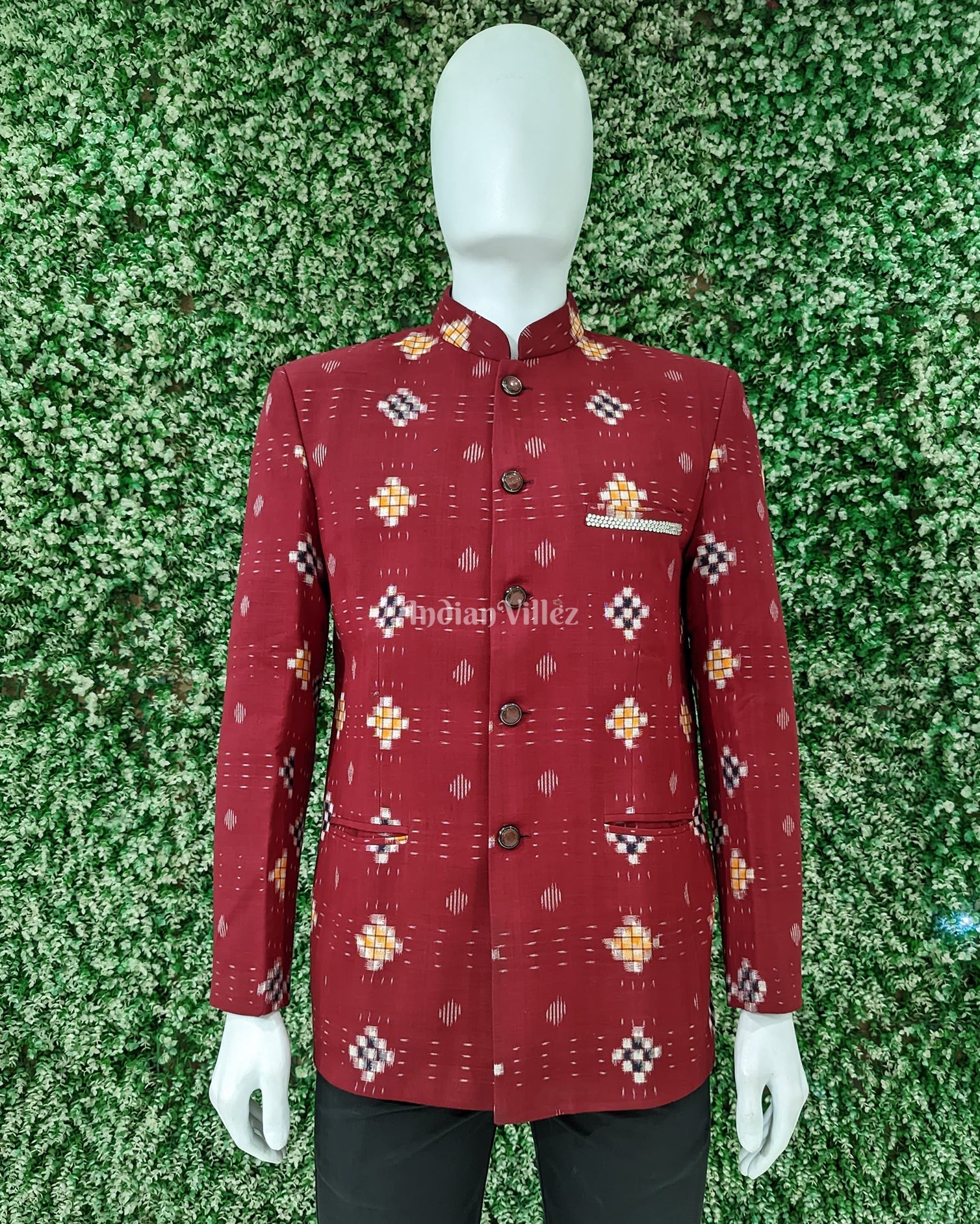 IndianVillèz Red Jodhpuri bandhgala Odisha Ikat Men's Casual Blazer With Pasapali Theme