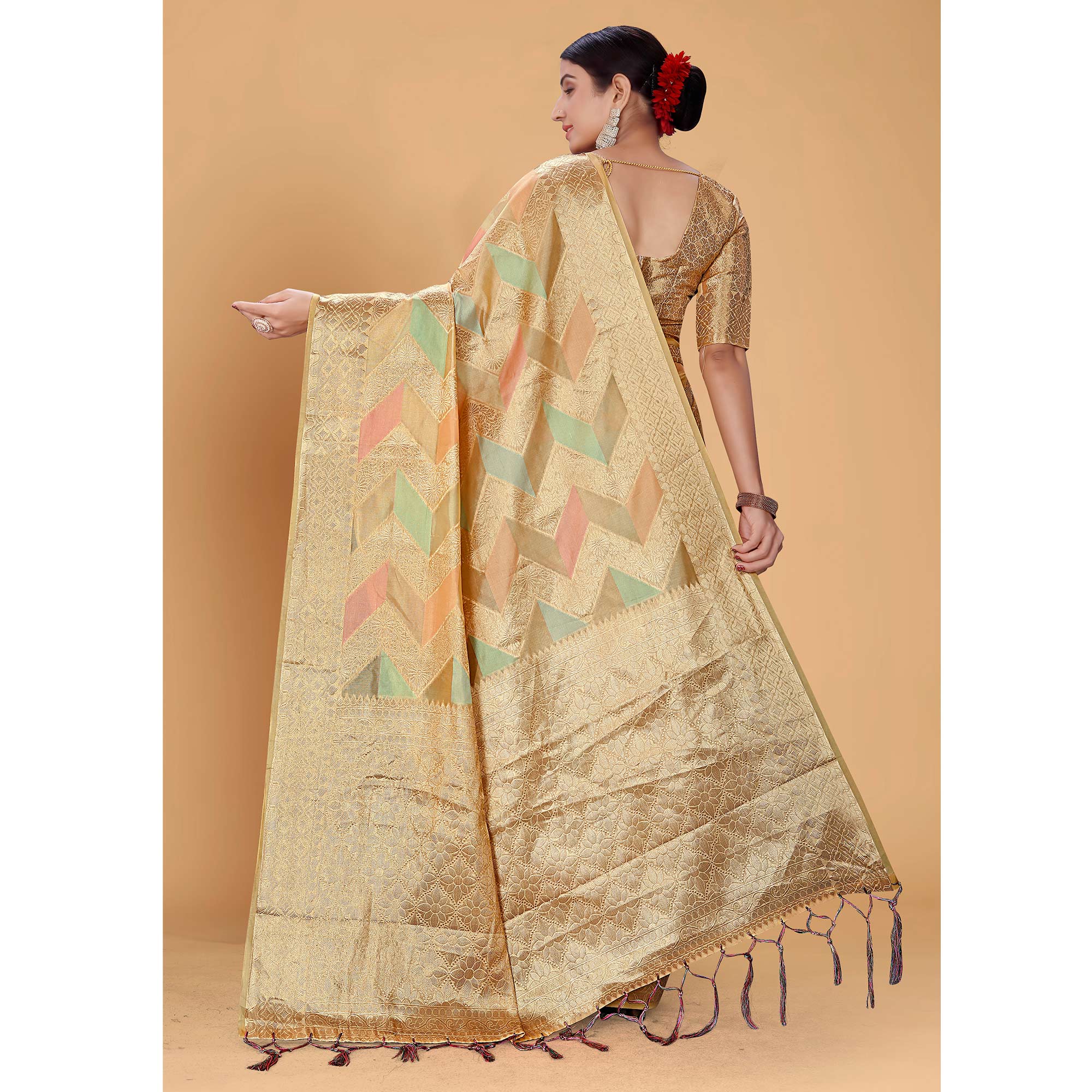 Peachmode Chikoo Woven Organza Saree With Tassels - view 6