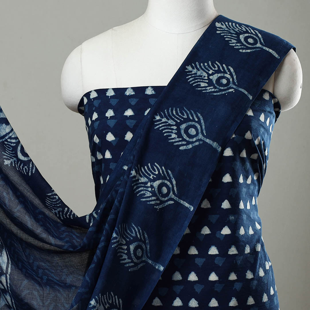 ARTISAN HAND BLOCK PRINTS Blue - 3pc Cotton Indigo Bagru Print Dress Material Set 17 - view 3