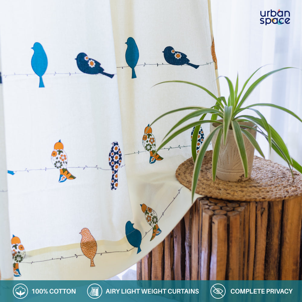Urban Space -Home Furnishing Store 100% Pure Cotton Curtains For Kids Room, Pack of 2 Curtains - Humming bird - Blue