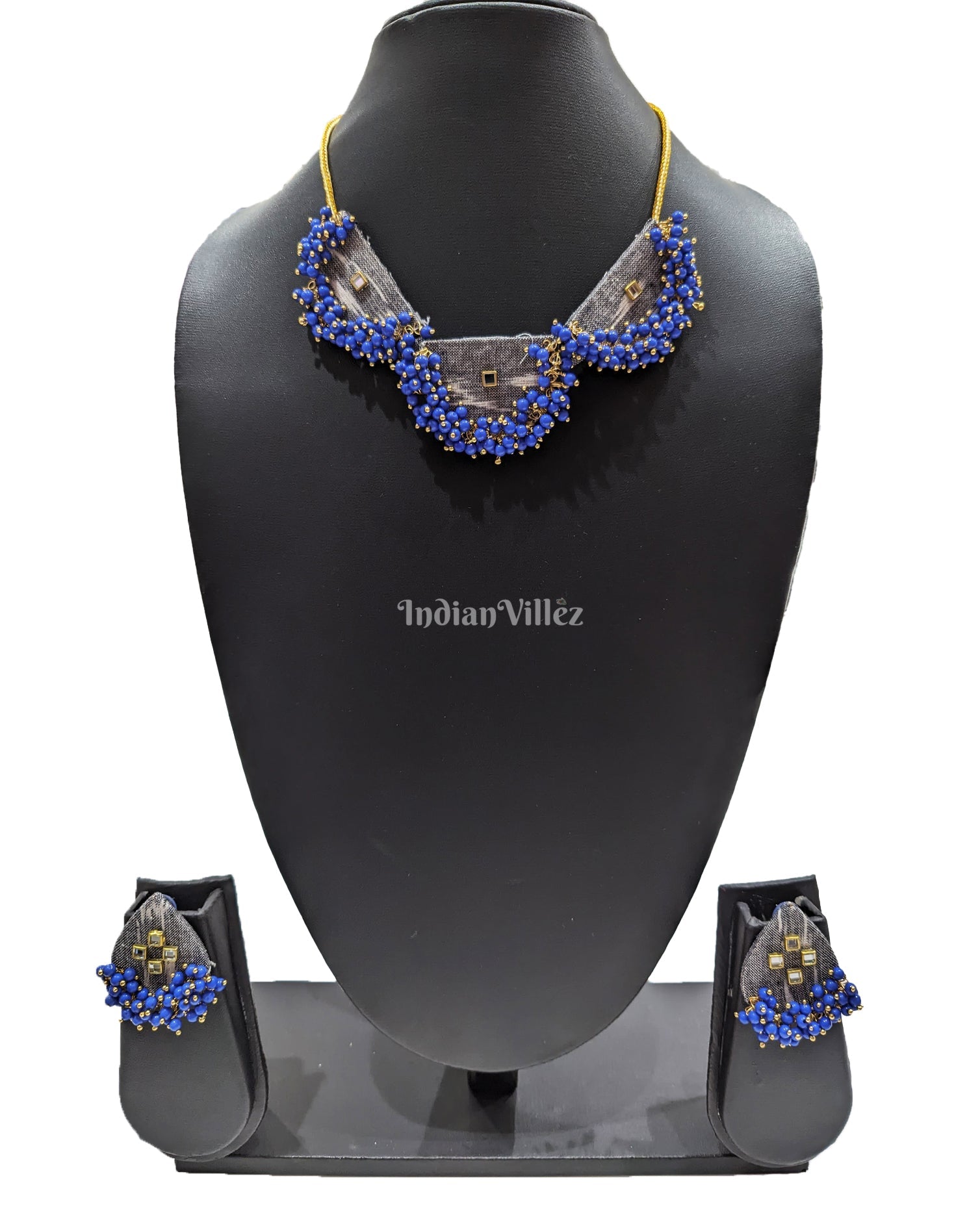 Necklace earrings set – IndianVillèz Gray Blue Beads Sambalpuri Fabric Choker Jewellery - Necklace & Earrings Set