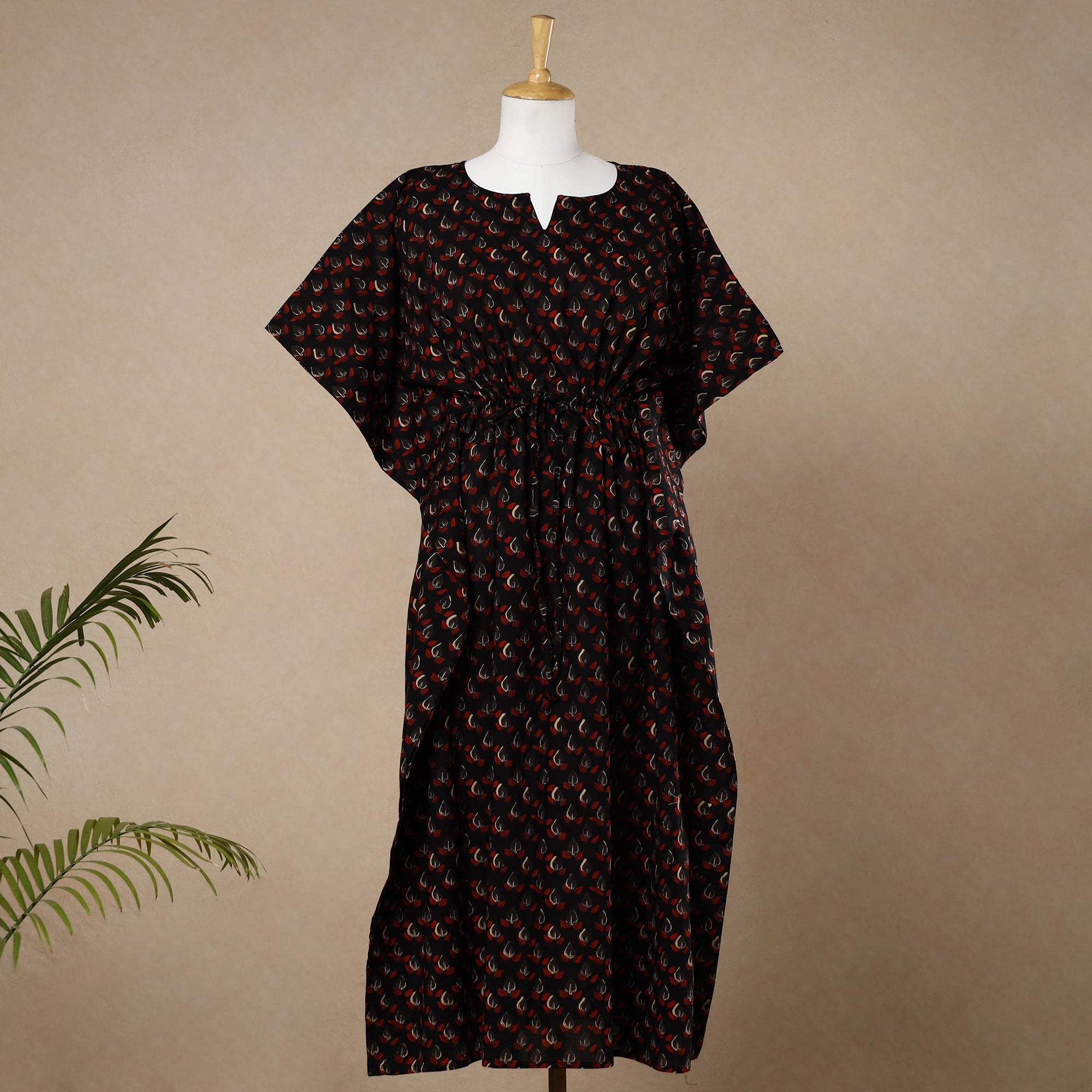 CHUTNEY CRAFT STUDIO Black - Hand Block Printed Cotton Kaftan with Tie-Up Waist (Long)