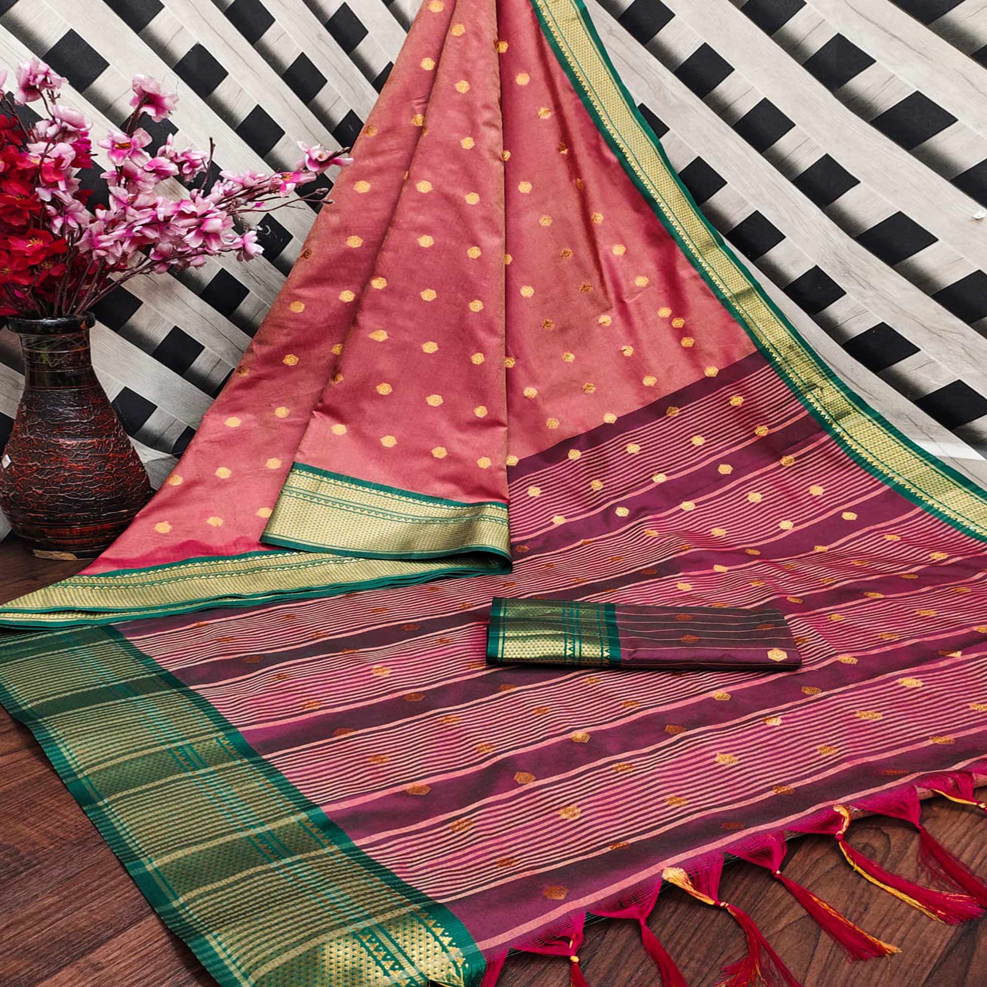 Peachmode Peach Zari Woven Lichi Art Silk Saree With Tassels