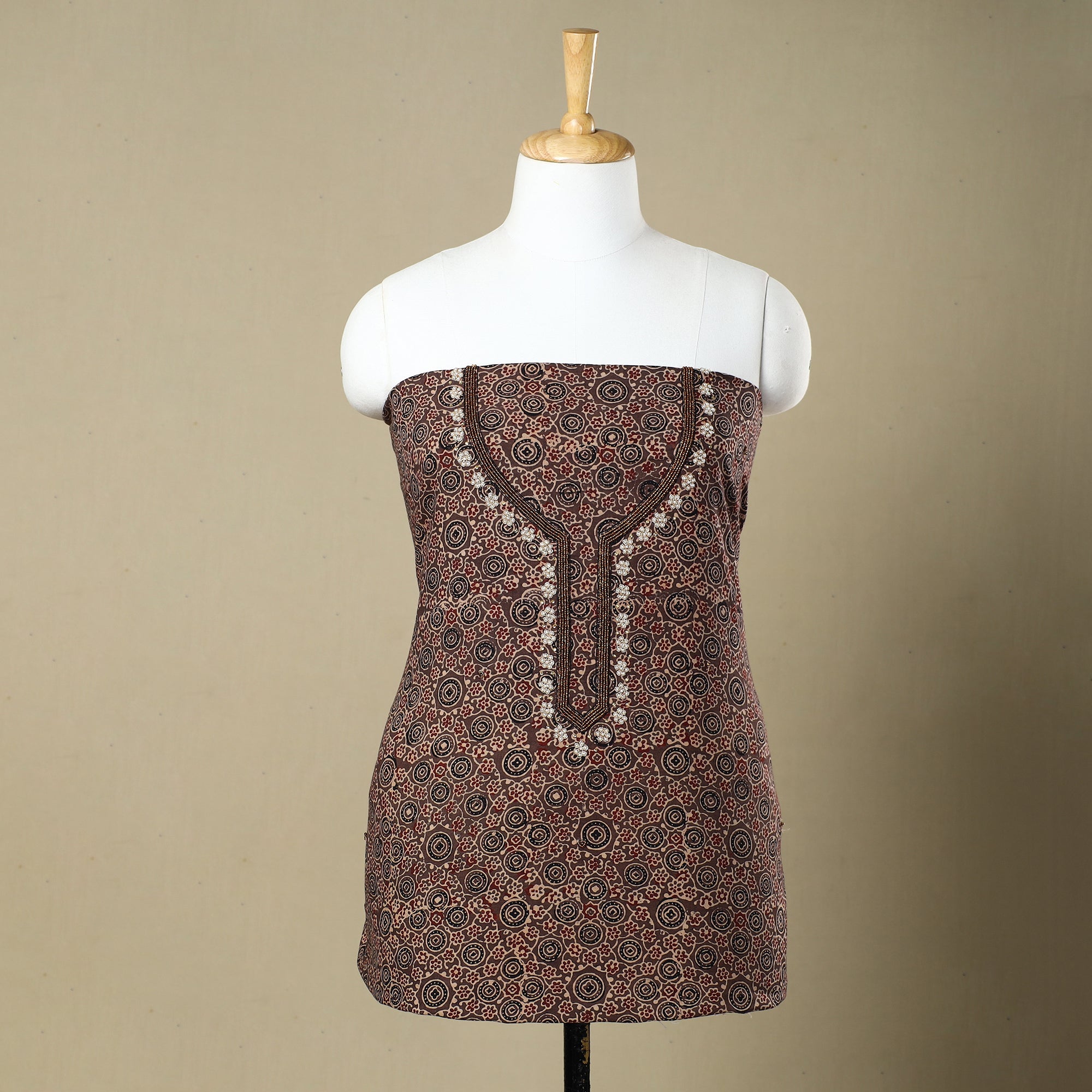 NOORI BAZAR Brown - Ajrakh Block Printed Zardozi & Bead Work Embroidered Cotton Kurta Material - 2.7 Meter