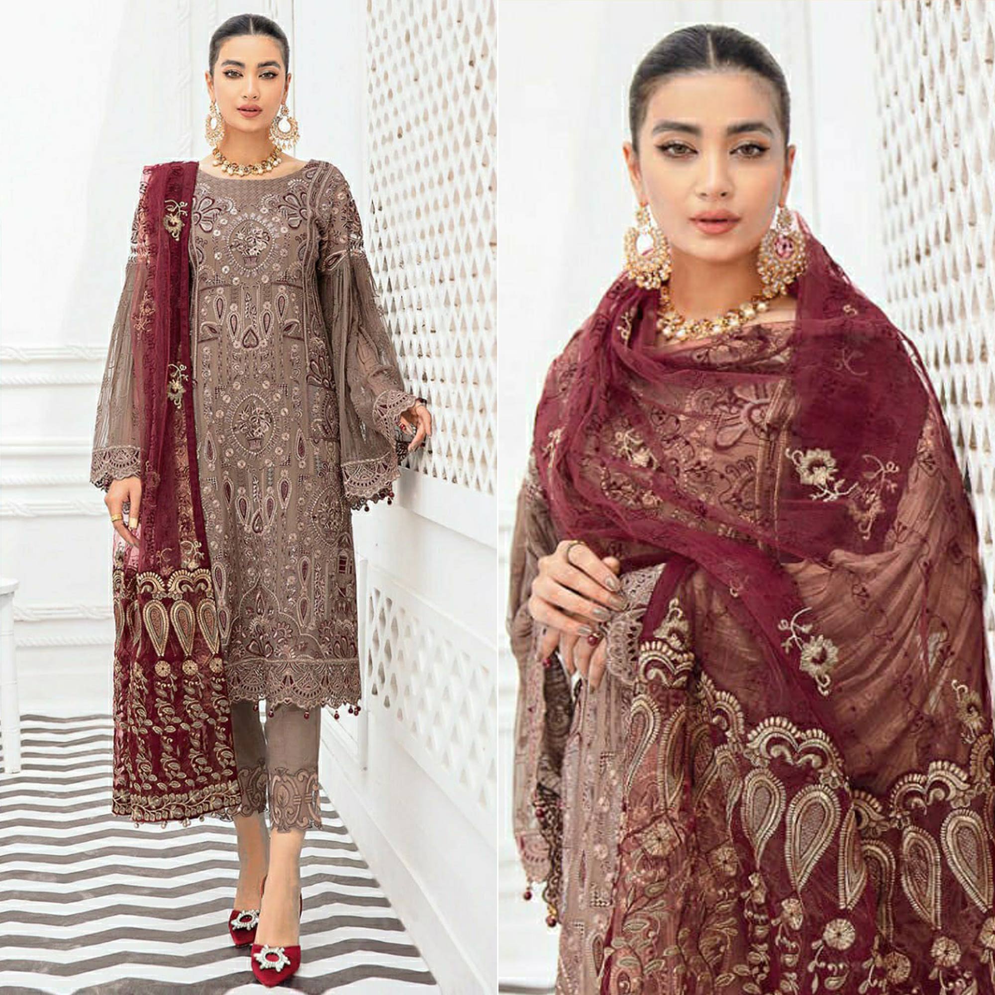 Peachmode Brown Floral Embroidered Georgette Pakistani Suit