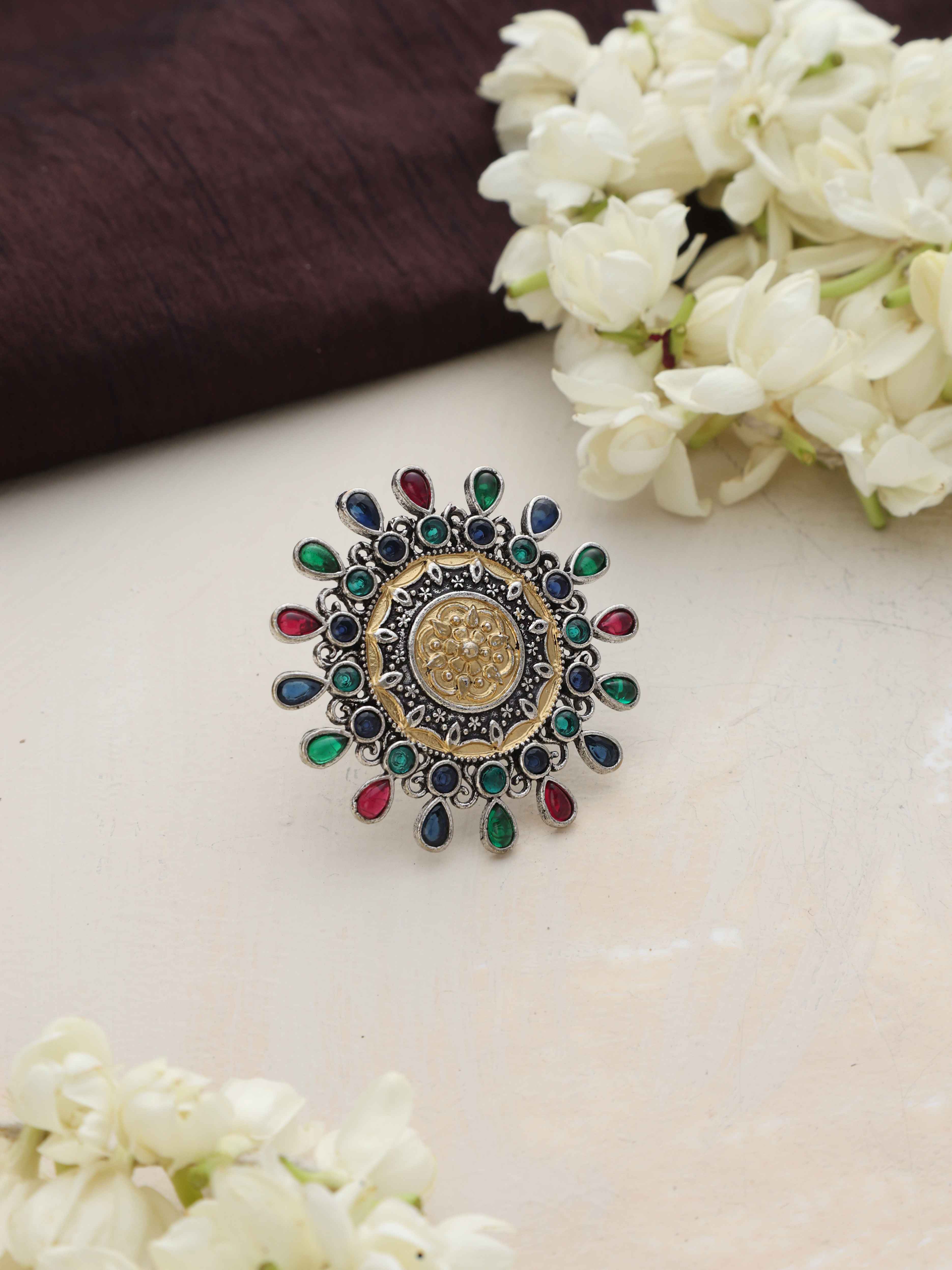 trueBrowns Silver Gold Tone Mandala Ring - view 2