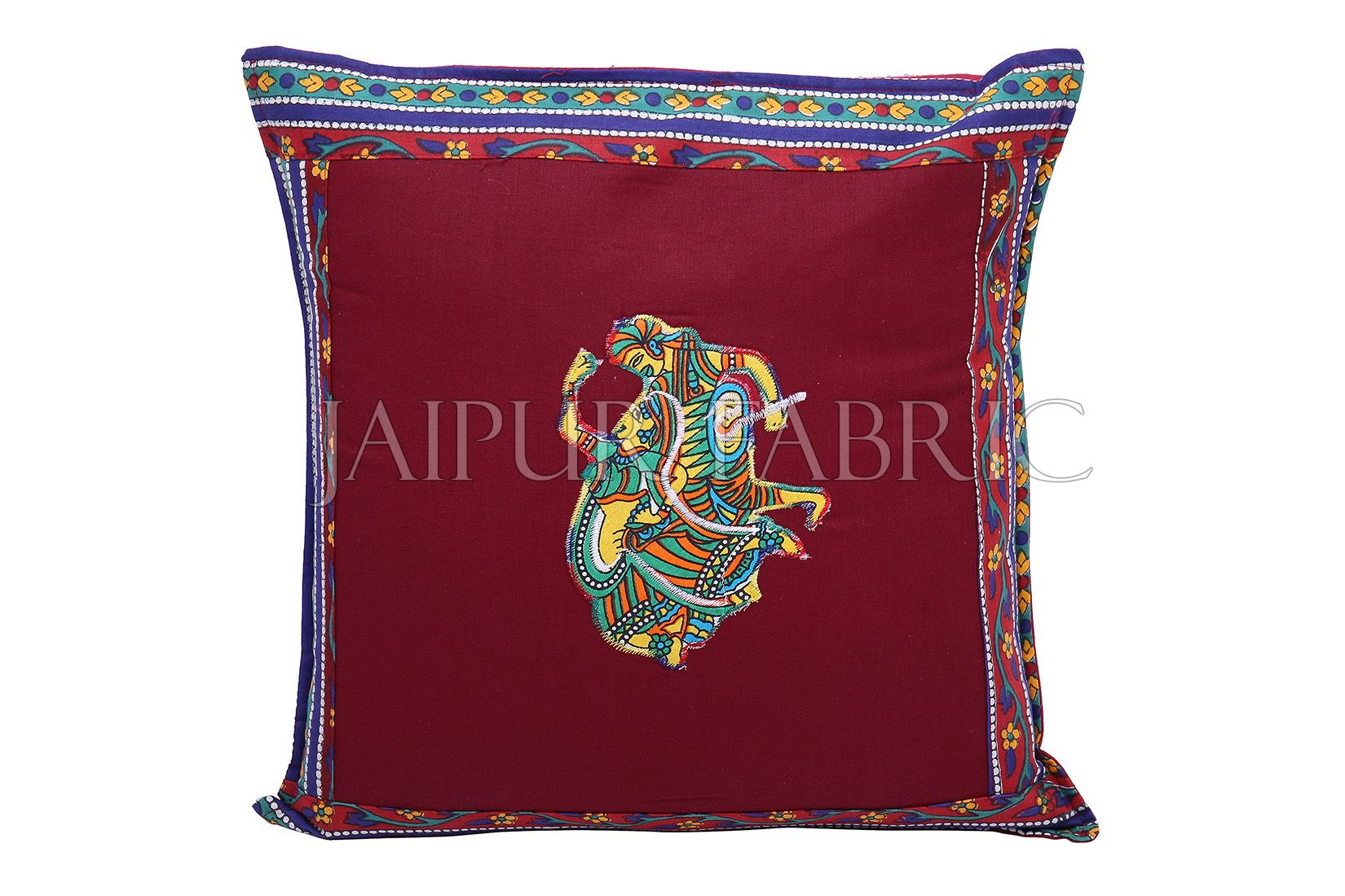 JaipurFabric® Maroon Color Traditional Folk Dance Patch Work Cotton Cushion Cover - view 3