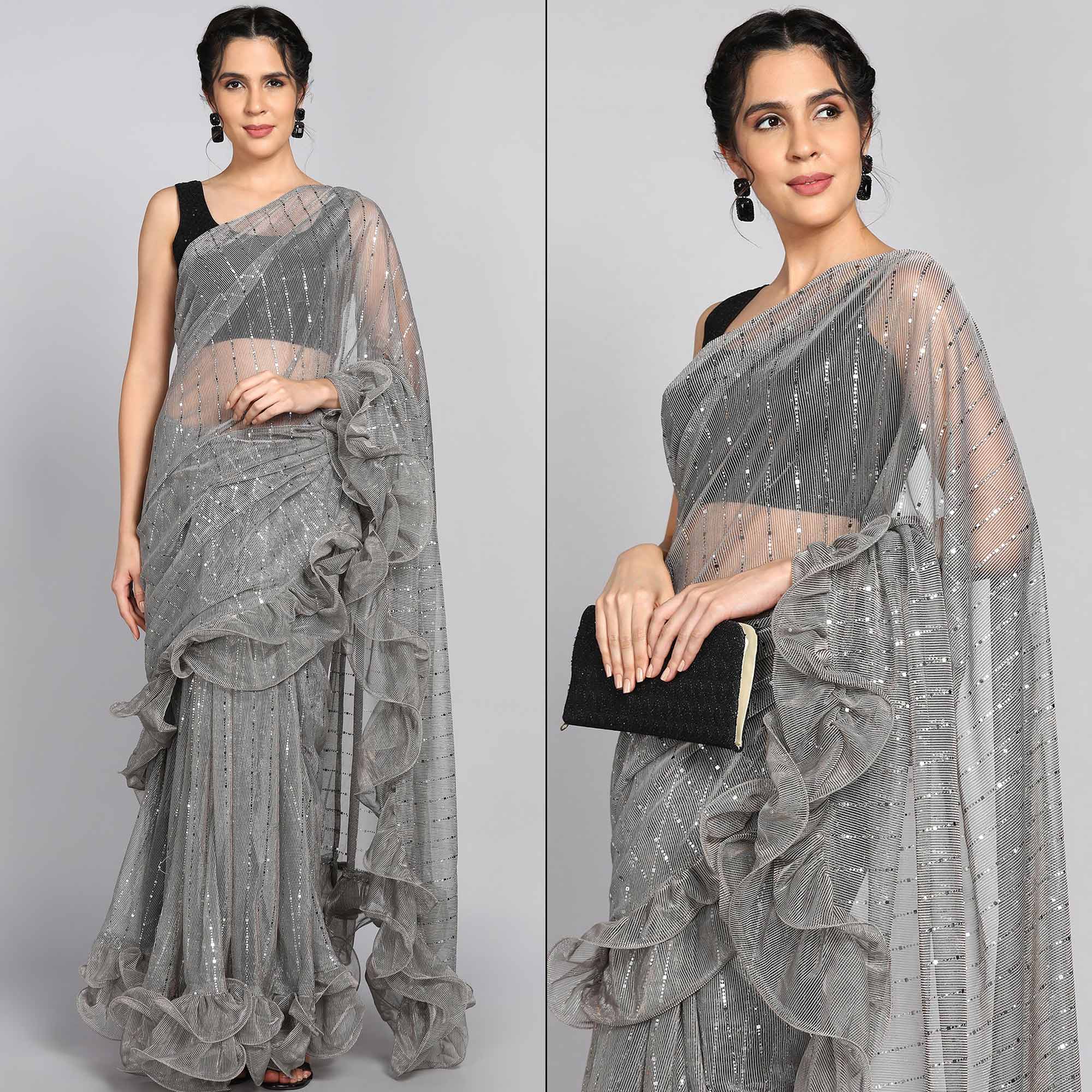 Peachmode Grey Tikki Work Lycra Ruffle Saree – Women's