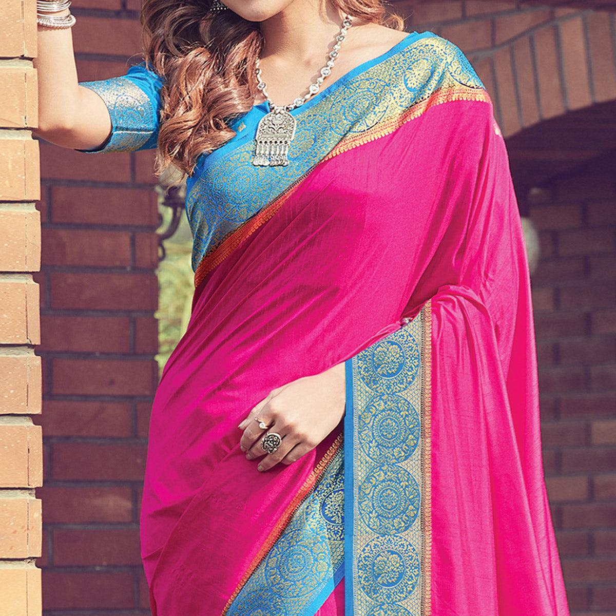 Peachmode Flattering Pink Colored Festive Wear Woven Silk Sareee - view 2