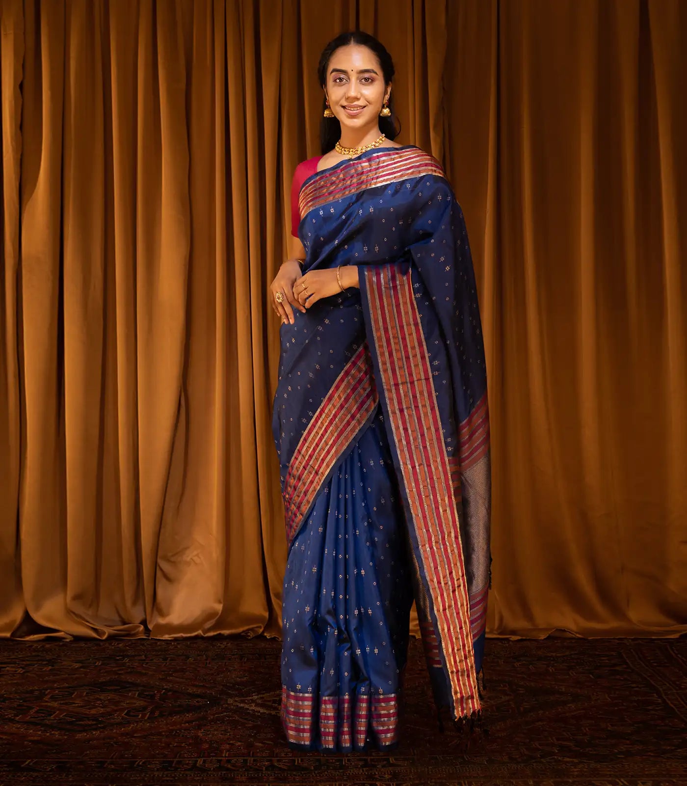 RmKV Blue Handloom Soft Silk Saree With Square Buttas -Blue