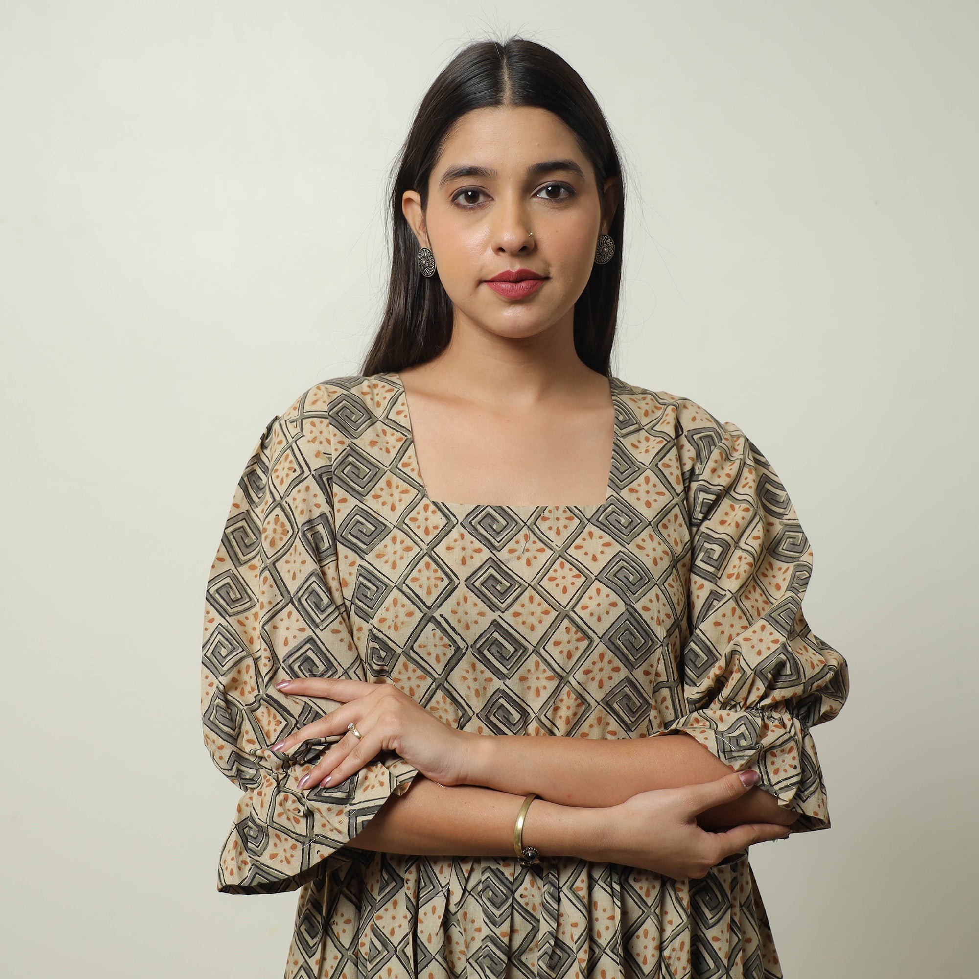 ITOKRI CASUALS Beige - Kalamkari Block Printed Cotton Tiered Dress 08