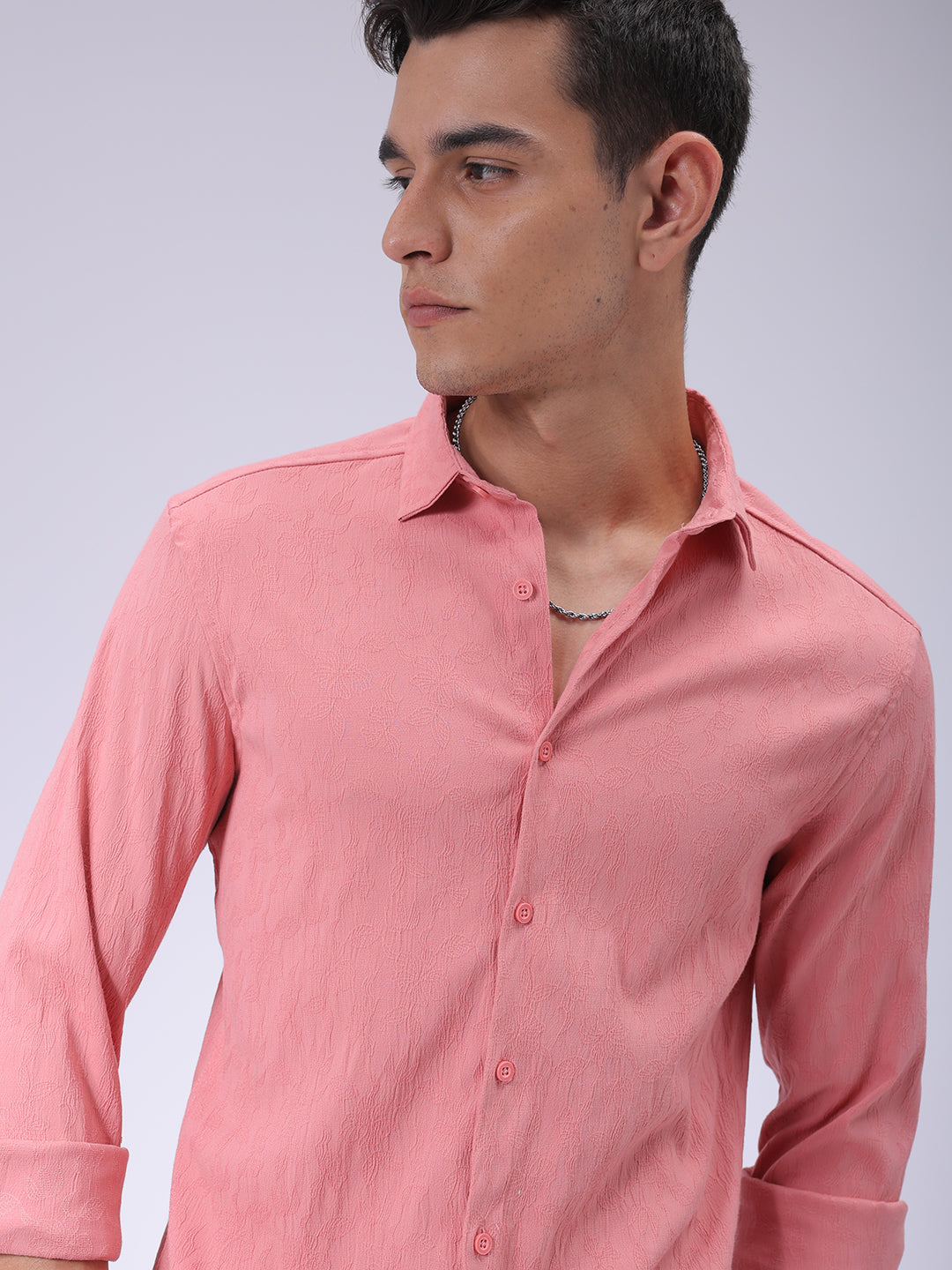The Indian Garage Co Men's Pink Slim Fit Textured Shirt
