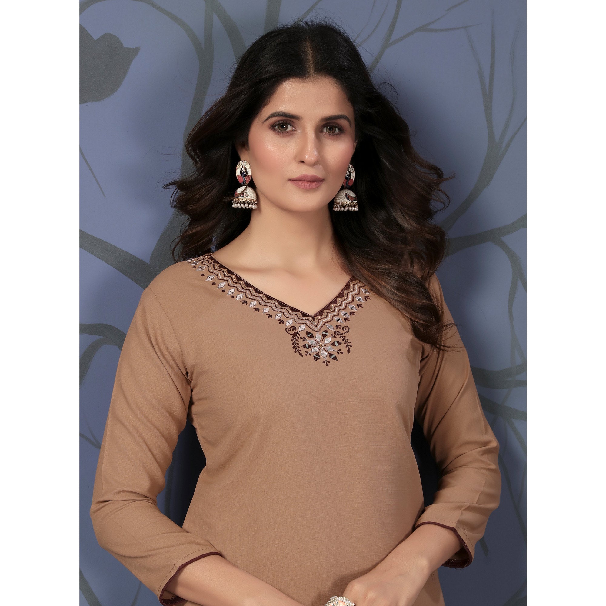 Peachmode Seller Brown Solid With Mirror Embroidered Cotton Blend Kurti - view 6