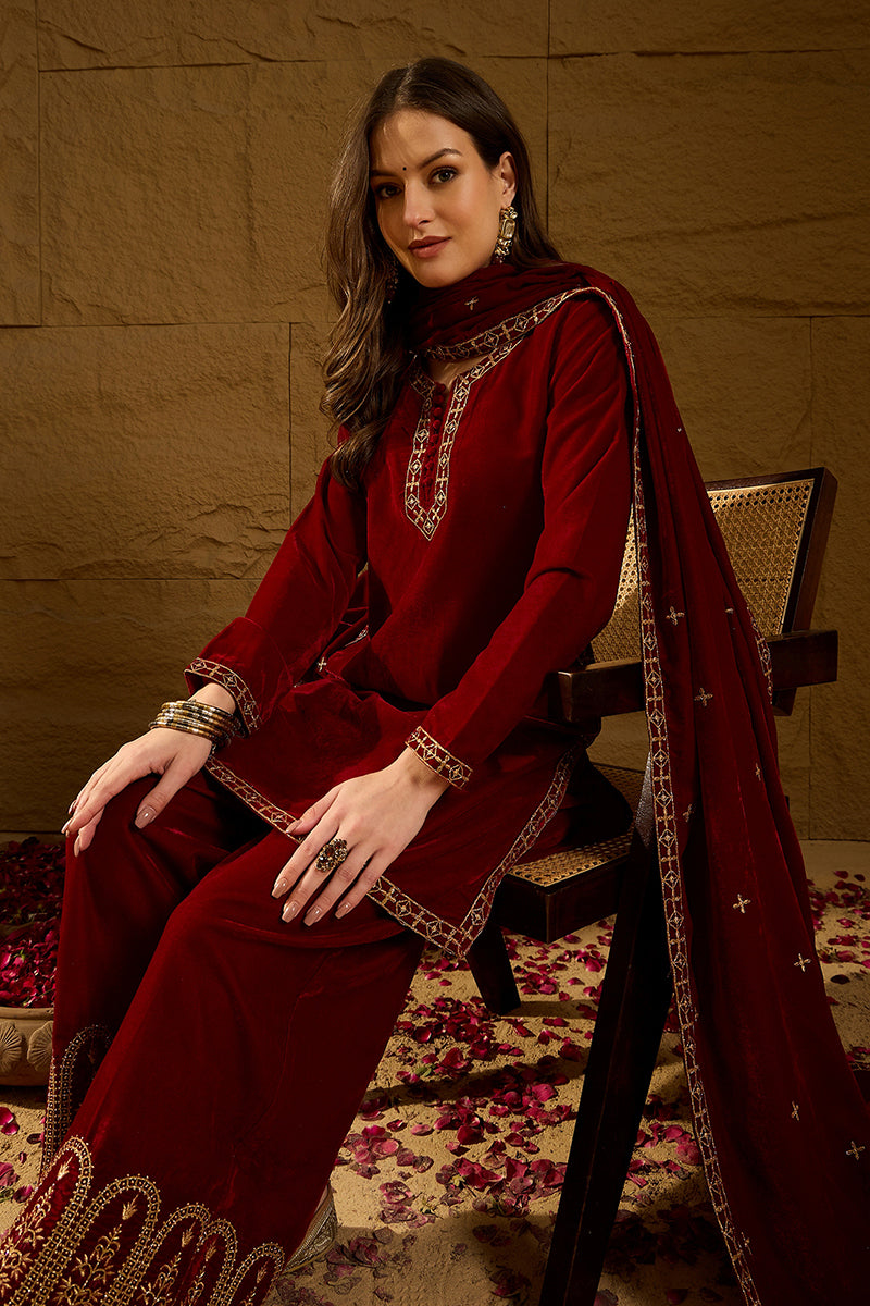 Ahika Red Velvet Solid Embroidered Straight Palazzo Suit Set PKSKD2275 - view 2