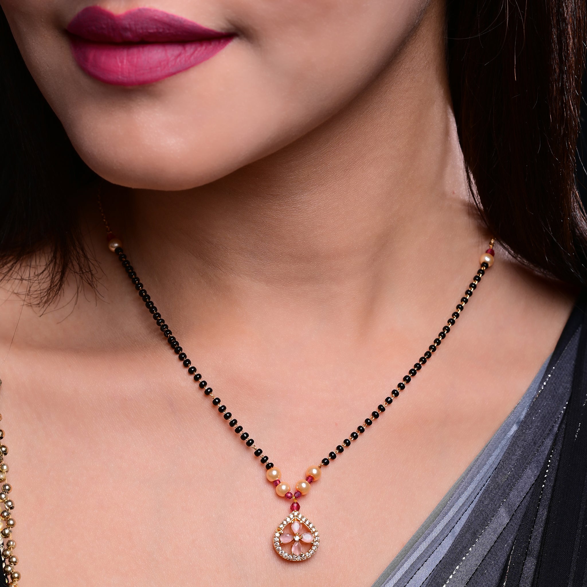 Branta Pink Diamond Flower Mangalsutra For Women