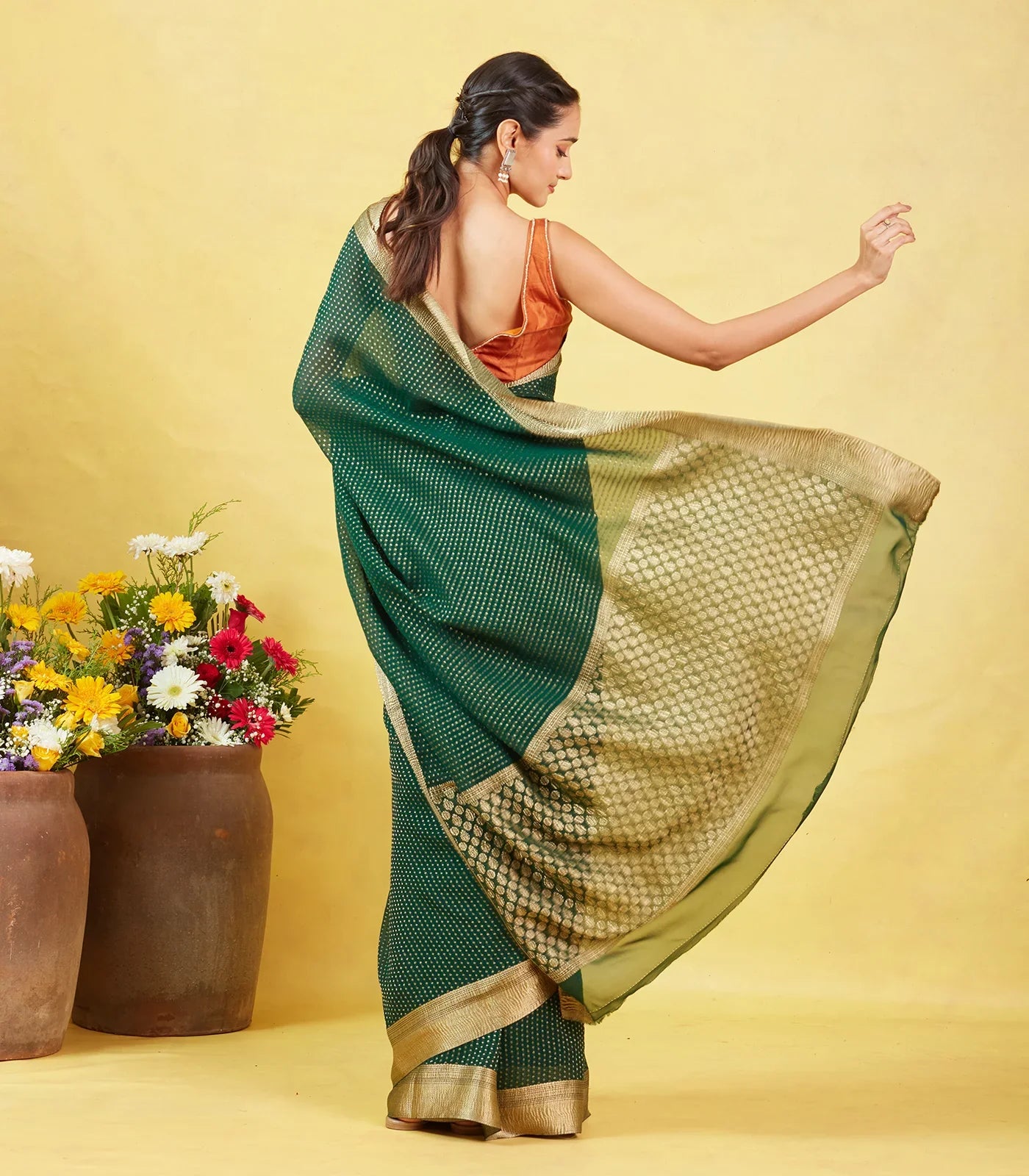 RmKV Bottle Green Mysore Crepe Silk Saree With Floral Motifs & Zari Border - view 3