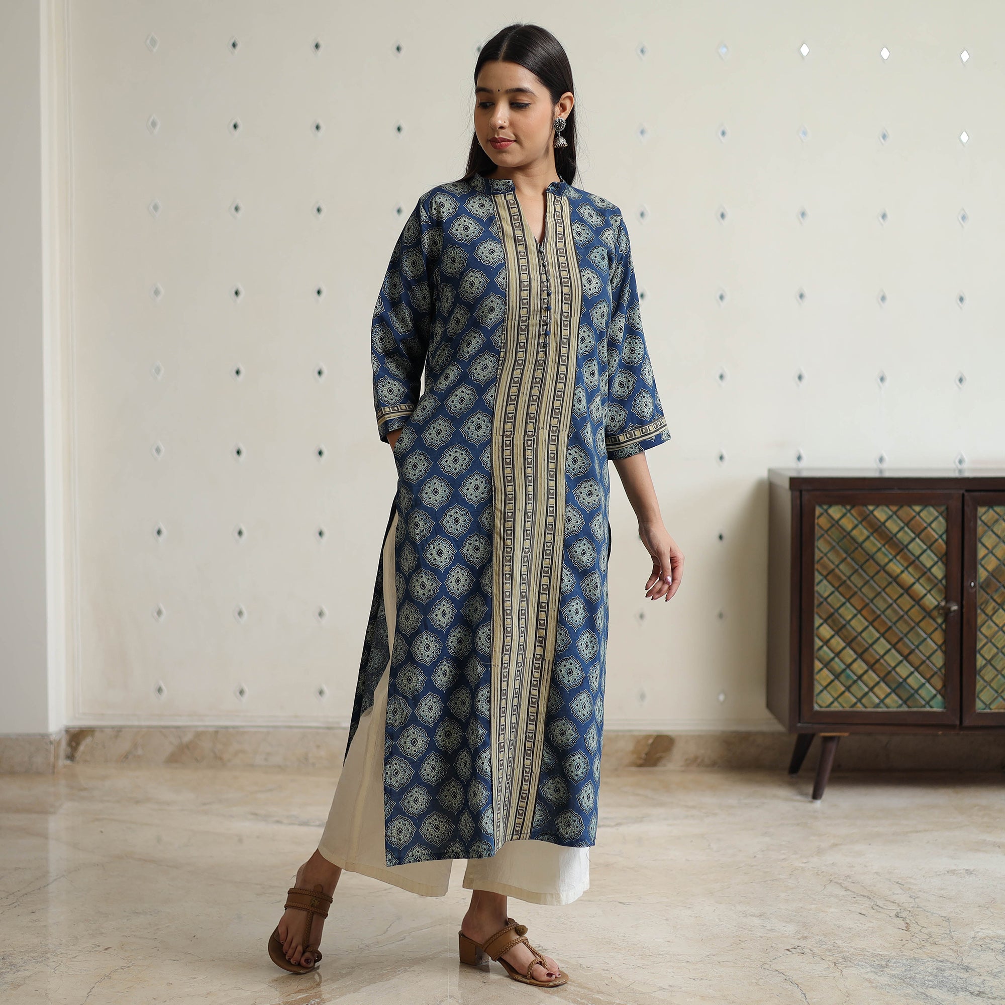 ITOKRI CASUALS Blue - Ajrakh Block Printed Cotton Straight Kurta with Patch 46 - view 3