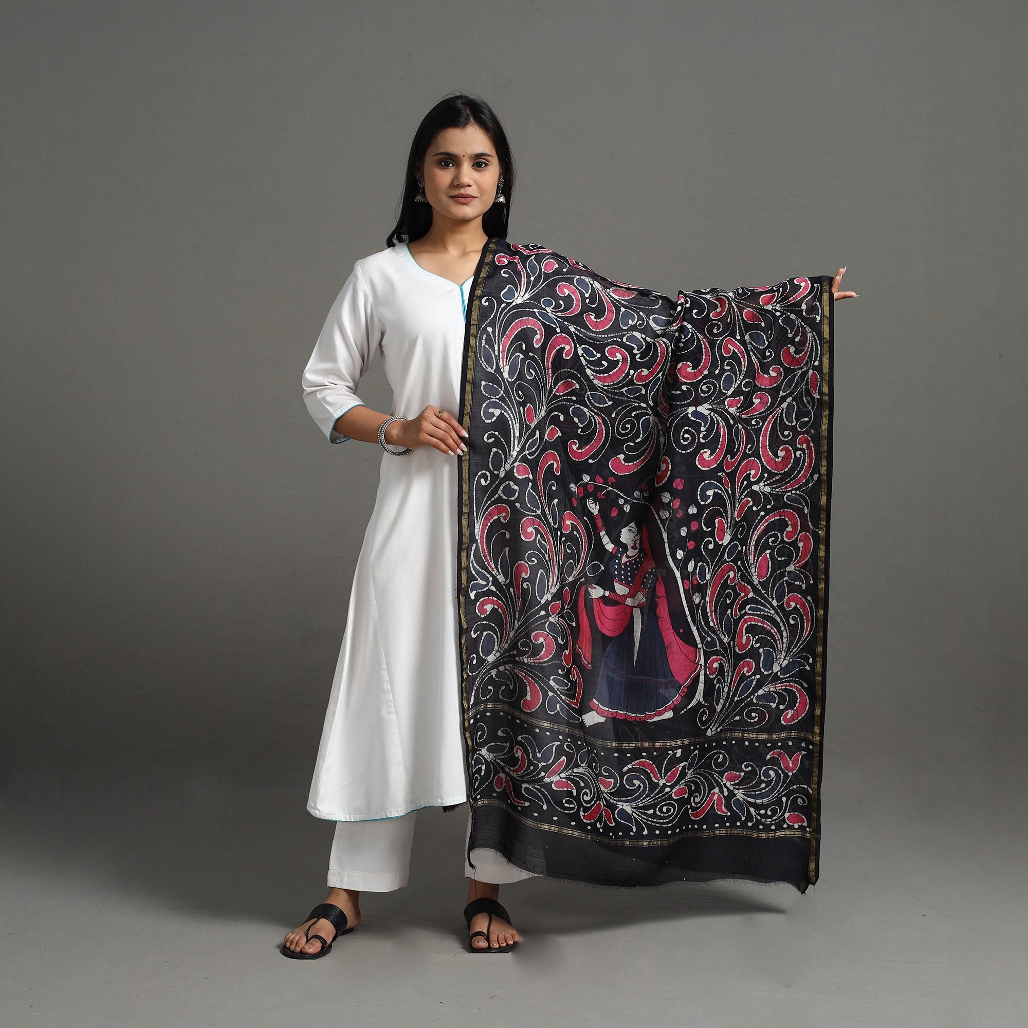 KACHCHH JI CHHAAP Black - Handloom Chanderi Silk Hand Batik Printed Dupatta 08 - view 2